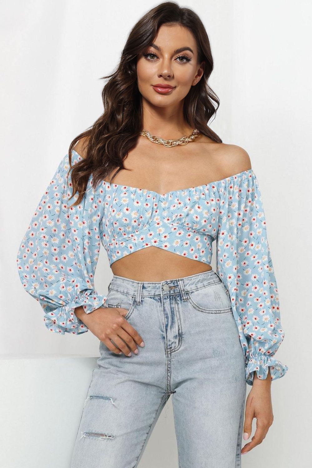 Stylish Printed Long Flounce Sleeve Cropped Women's Blouse
