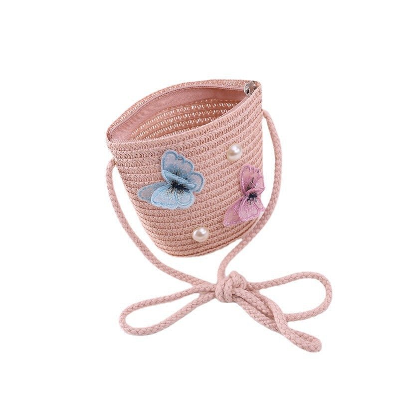 Girls' Summer Straw Hat with Butterfly Pattern and Matching Accessory Bag (Sold Individually)
