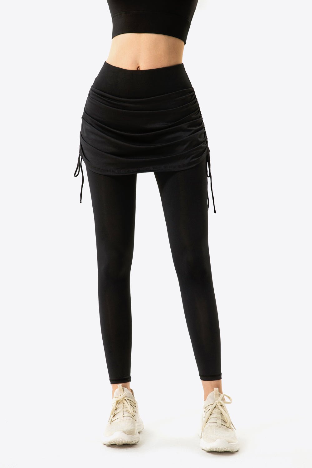 Soft and Breathable Drawstring Ruched Faux Layered Stretch Yoga Leggings