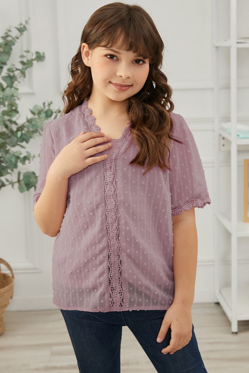Summer Girls' Blouse with Swiss Dot and Spliced Lace for 4 - 13 Years Old