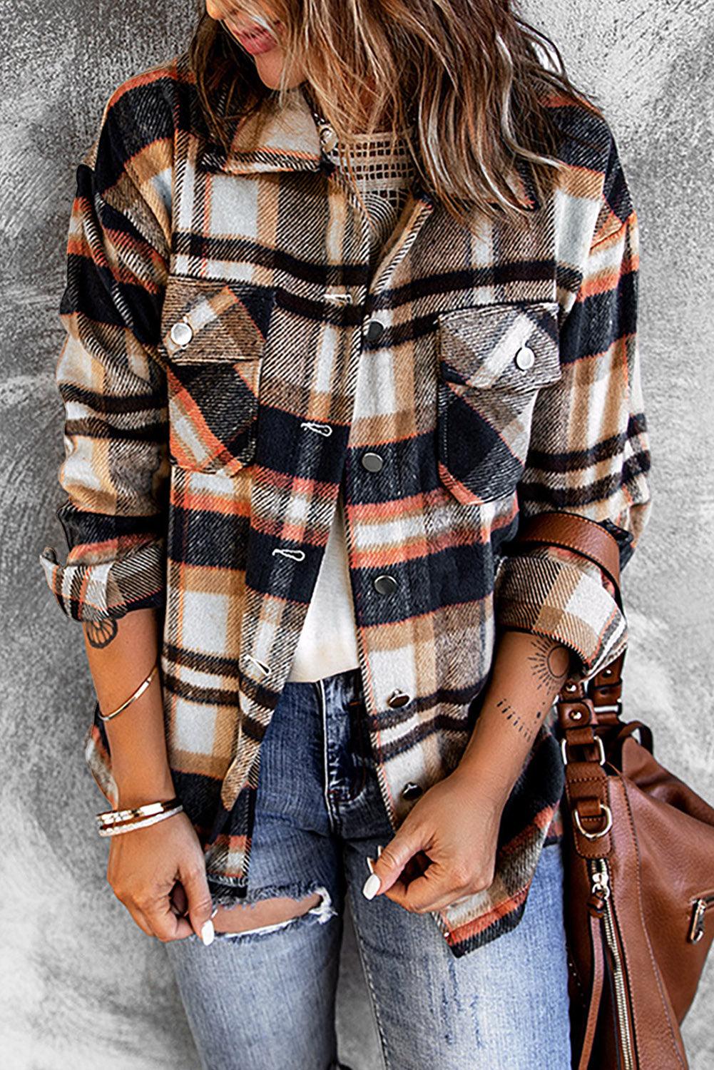 Stylish Plaid Button-Front Casual Shirt Jacket with Functional Breast Pockets