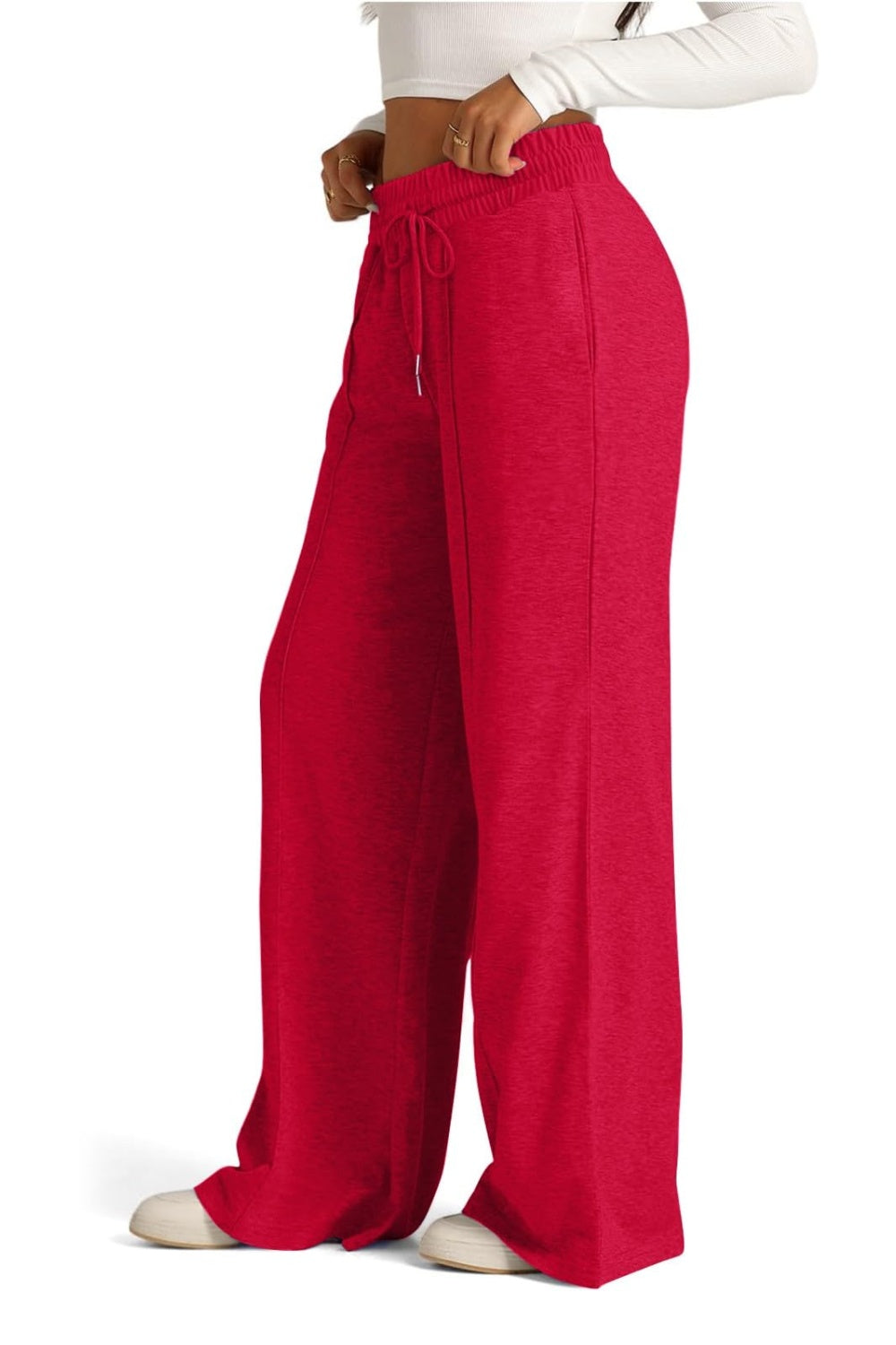 Fashionable Drawstring Elastic Waist Wide Leg Polyester Pants for Comfortable Wear