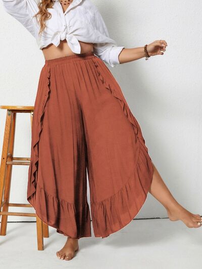 Stylish Plus Size Wide Leg Pants with Ruffled Design