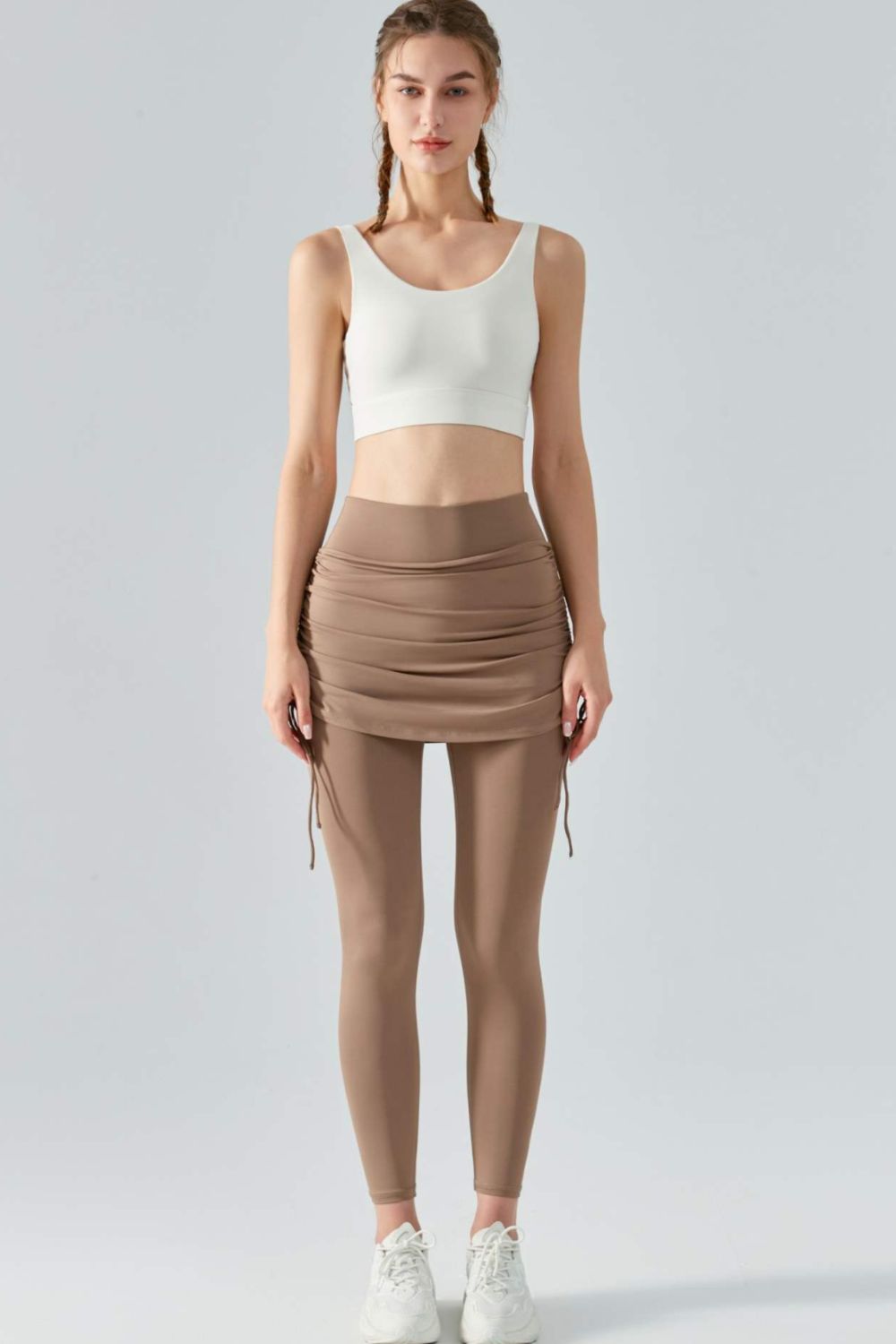 Soft and Breathable Drawstring Ruched Faux Layered Stretch Yoga Leggings