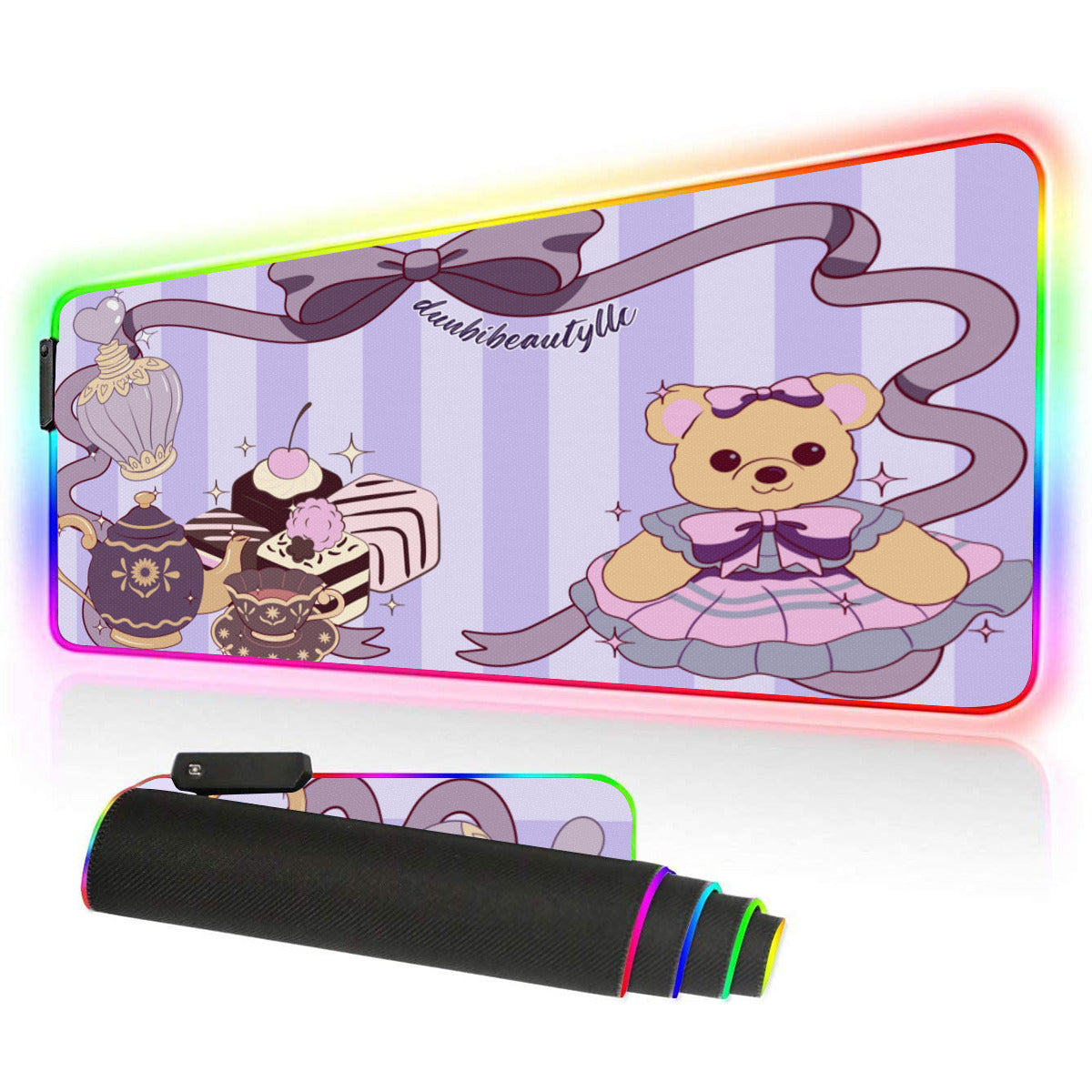 Dunbi Designed Illuminated Rubber Mouse Pad with Cute Teddy Bear, Tea Party, Ribbon, Bows, Cakes, Victorian, Doll, Cute Girl, Purple Style 1, Stripes Patterns