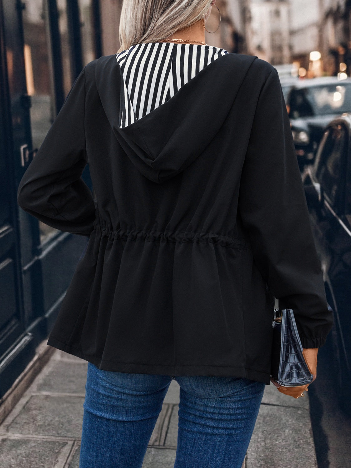 Stylish Drawstring Zip - Up Hooded Jacket with Convenient Pockets