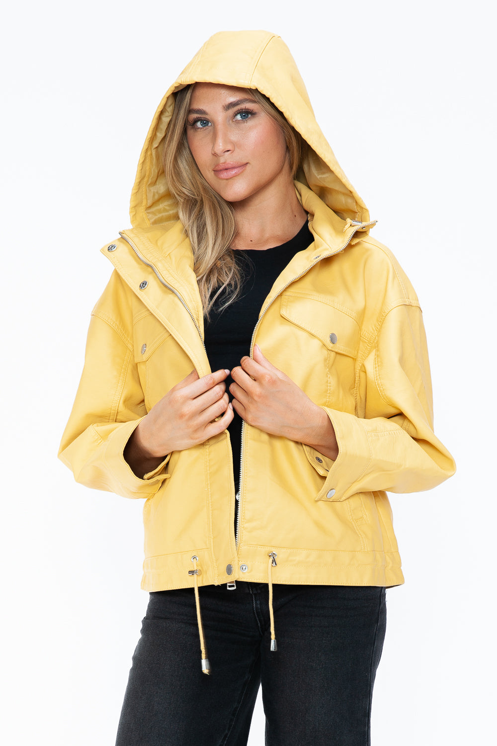 Stylish PU Leather Zip - Up Jacket with Adjustable Drawstring Hem