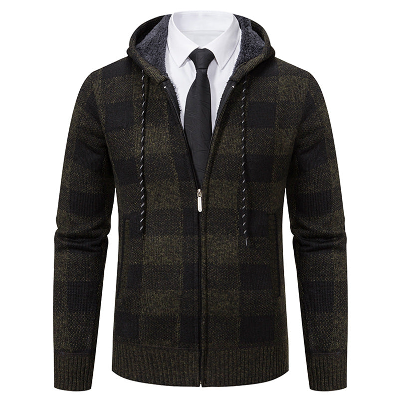 Men's Warm Plaid Thickened Cardigan Sweater Coat