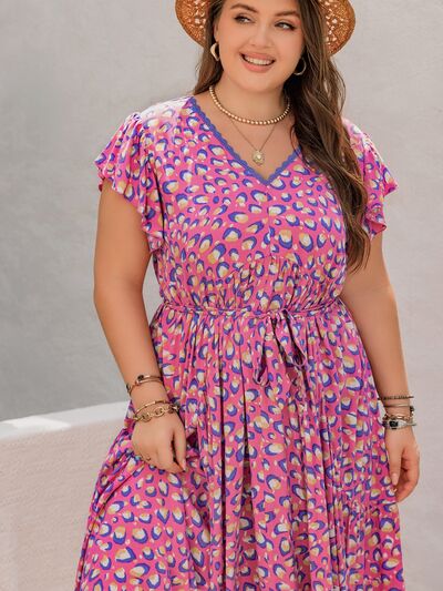 Plus Size Fashionable Printed V-Neck Flutter Sleeve Tie-Waist Floor-Length Maxi Dress for Women