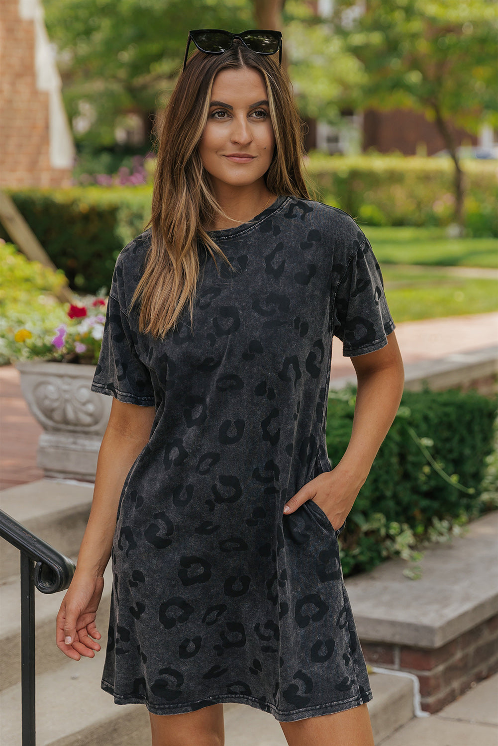 Vintage Gray Washed Leopard Print T-Shirt Dress with Handy Side Pockets