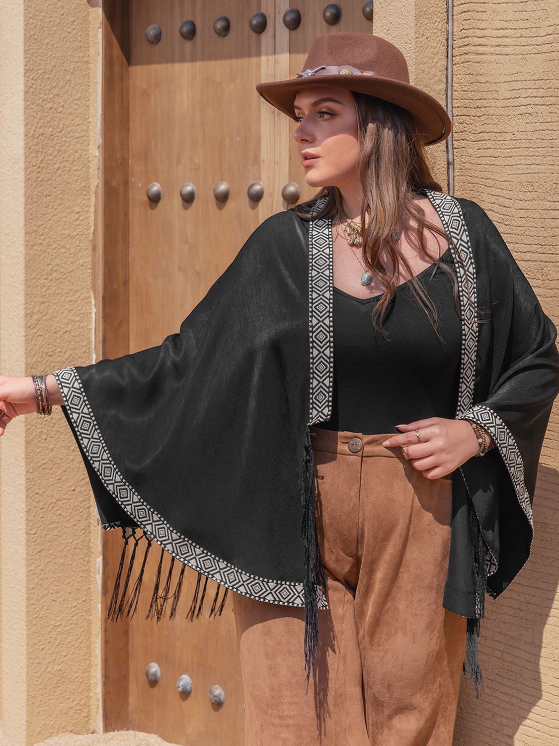Plus Size Fashionable Geometric Open Front Tassel Hem Cardigan for Women
