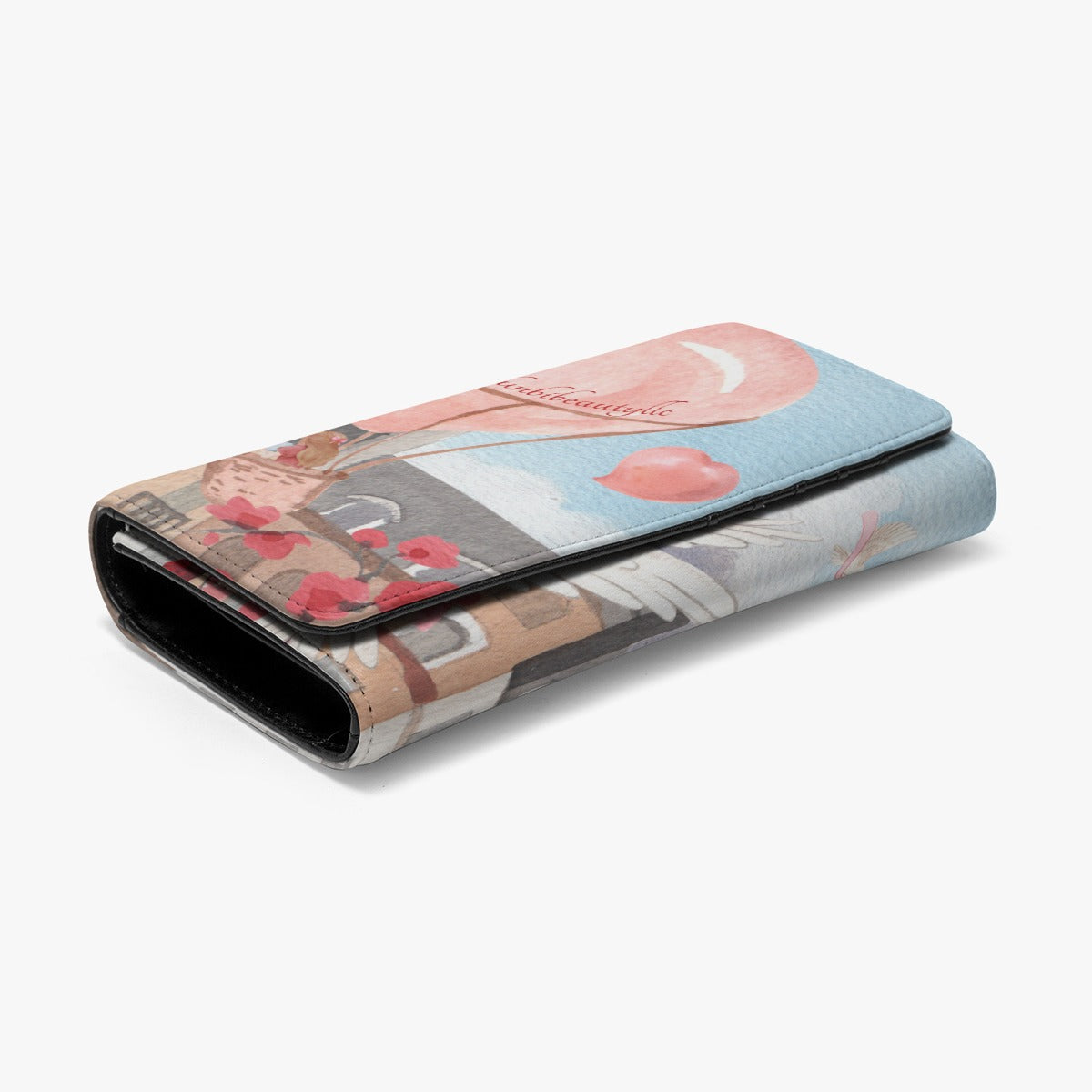 Dunbi Designed Foldable PU Wallet Featuring a Romantic Scene of Love in a Hot Air Balloon over Paris with Eiffel Tower, Dove, Flowers, Girl, Sky and Hearts