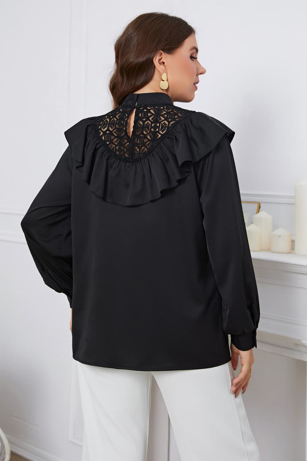 Plus Size Long Sleeve Ruffle Trim Solid Mock Neck Casual Blouse