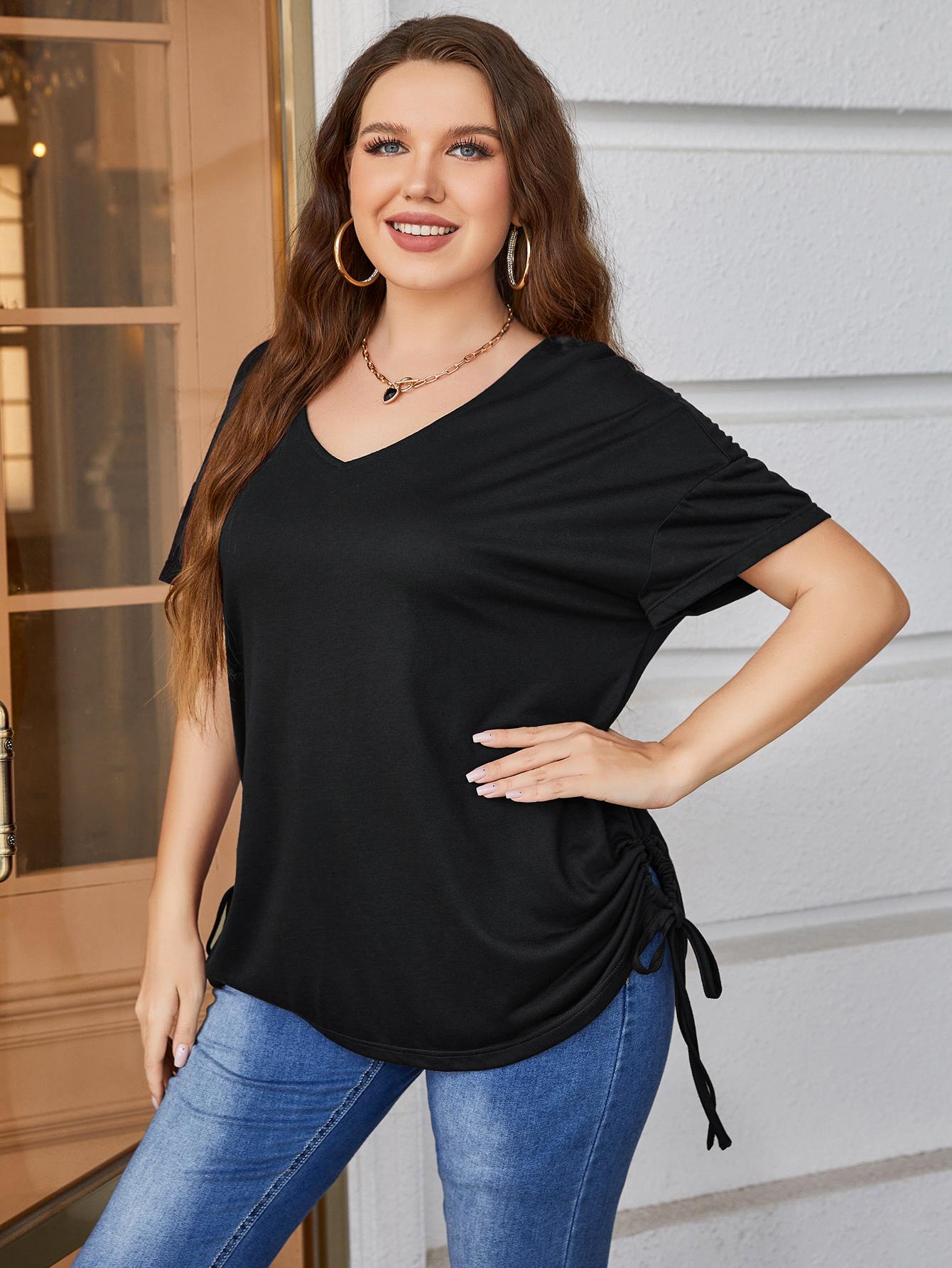 Plus Size V-Neck Short Sleeve Blouse with Drawstring for Casual Wear