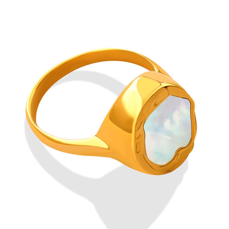 Stylish Geometrically Designed Gold-Plated Fashionable Women's Round Ring with Inlaid White Sea Shell