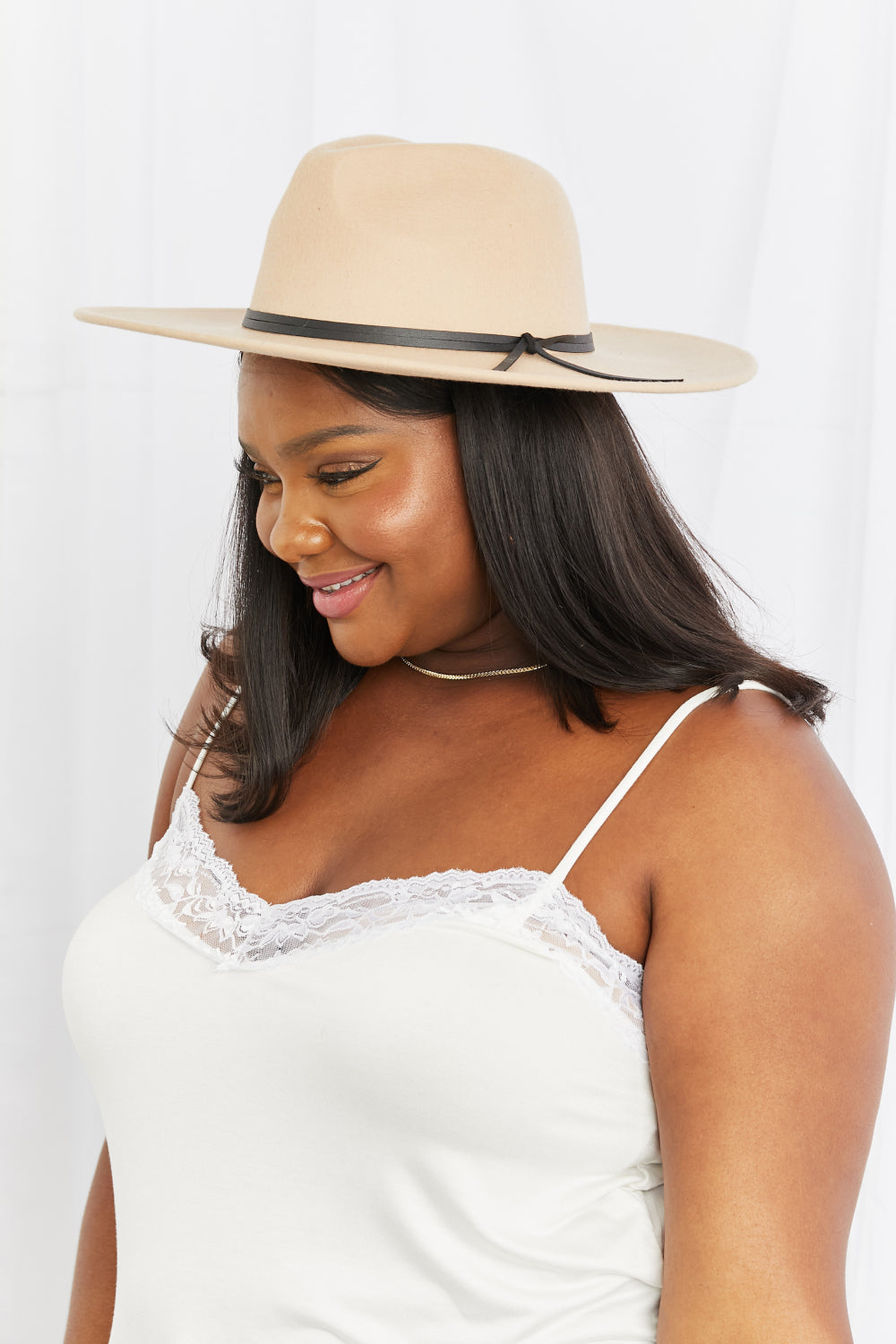 Fame Women's Beige Soft Fedora Hat with Black Faux Leather Knot Detailing for Casual and Formal Events