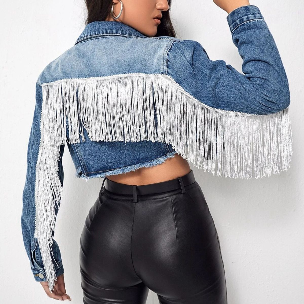 Stylish Cropped Long - Sleeve Denim Jacket with Fringe Details