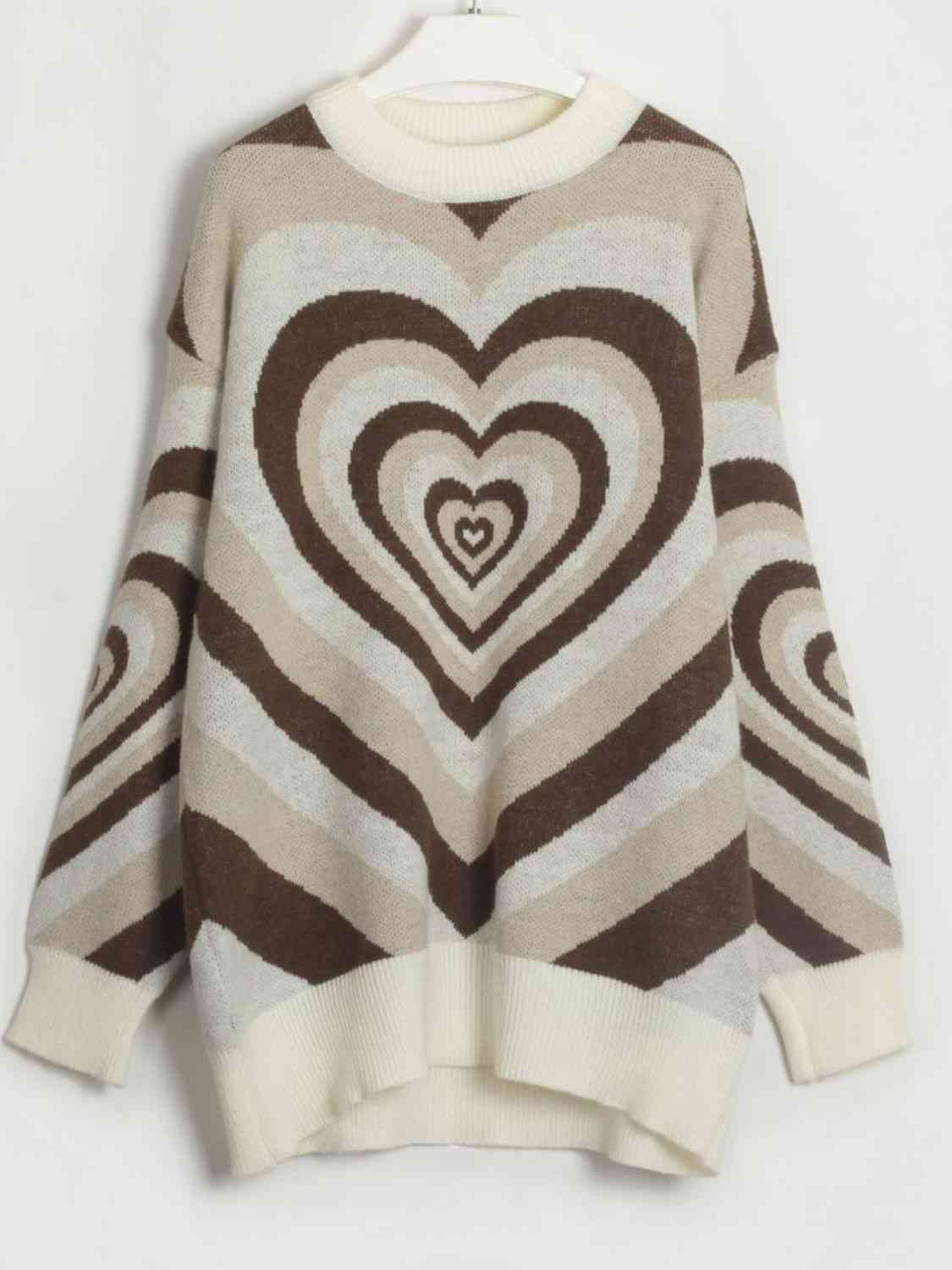 Long Printed Heart Casual Dropped Shoulder Sweater with Moderate Stretch