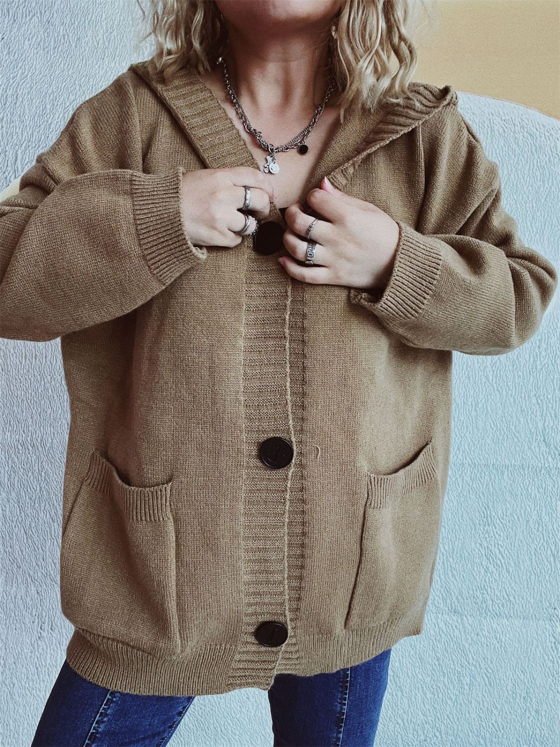 Casual Dropped Shoulder Long Sleeve Buttoned Pocketed Hooded Cardigan for Everyday Wear