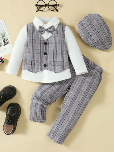 4-Piece Set: Long Sleeve Shirt, Plaid Vest, Hat and Pants