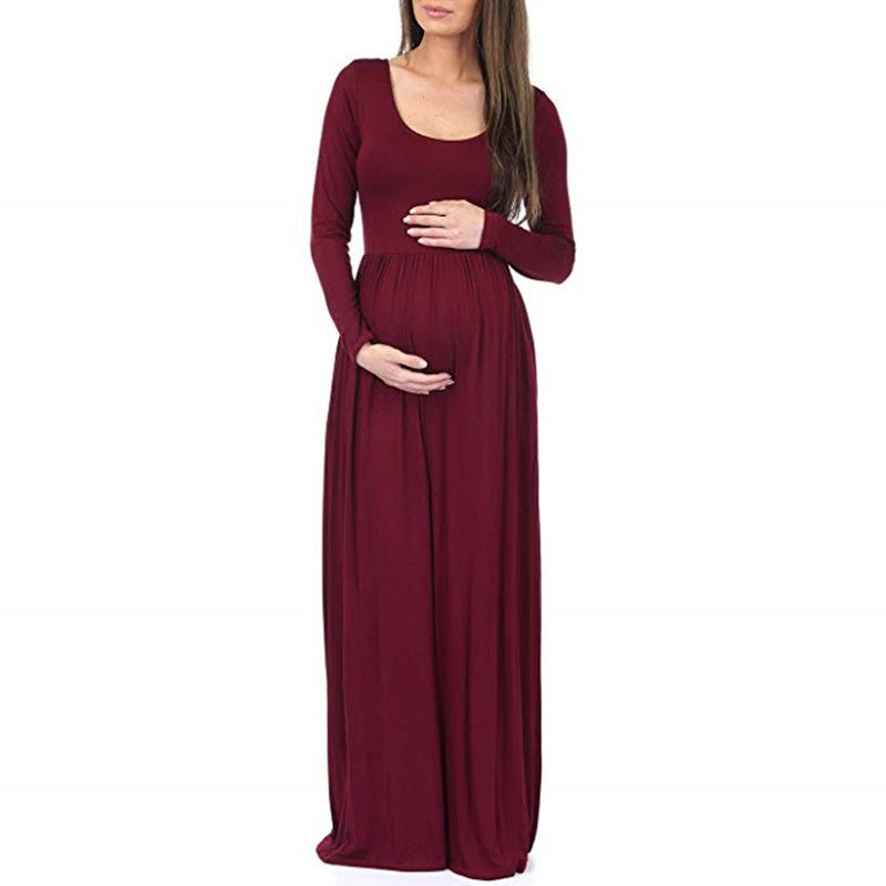 European and American Style Long-Sleeved Maternity & Nursing Dress in Solid Color