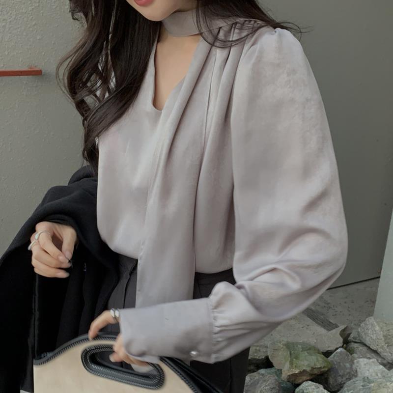 High-quality French-style V-neck Ribbon Scarf Loose Solid-color Long-sleeve Women's Top