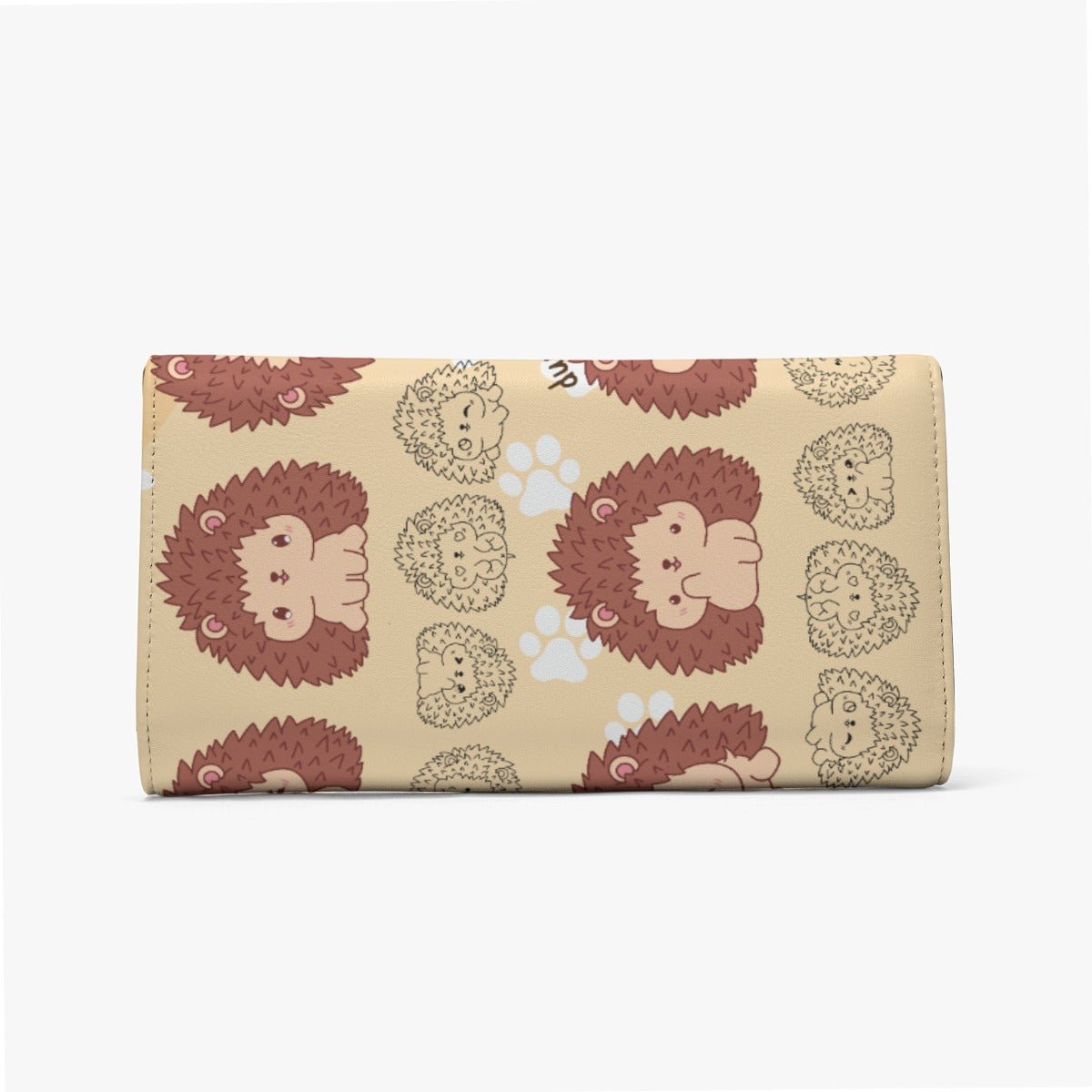 Adorable Foldable Hedgehog-Themed Wallet with Kawaii Baby Animal Designs, Paw Prints, in Brown and White, Designed by Dunbi
