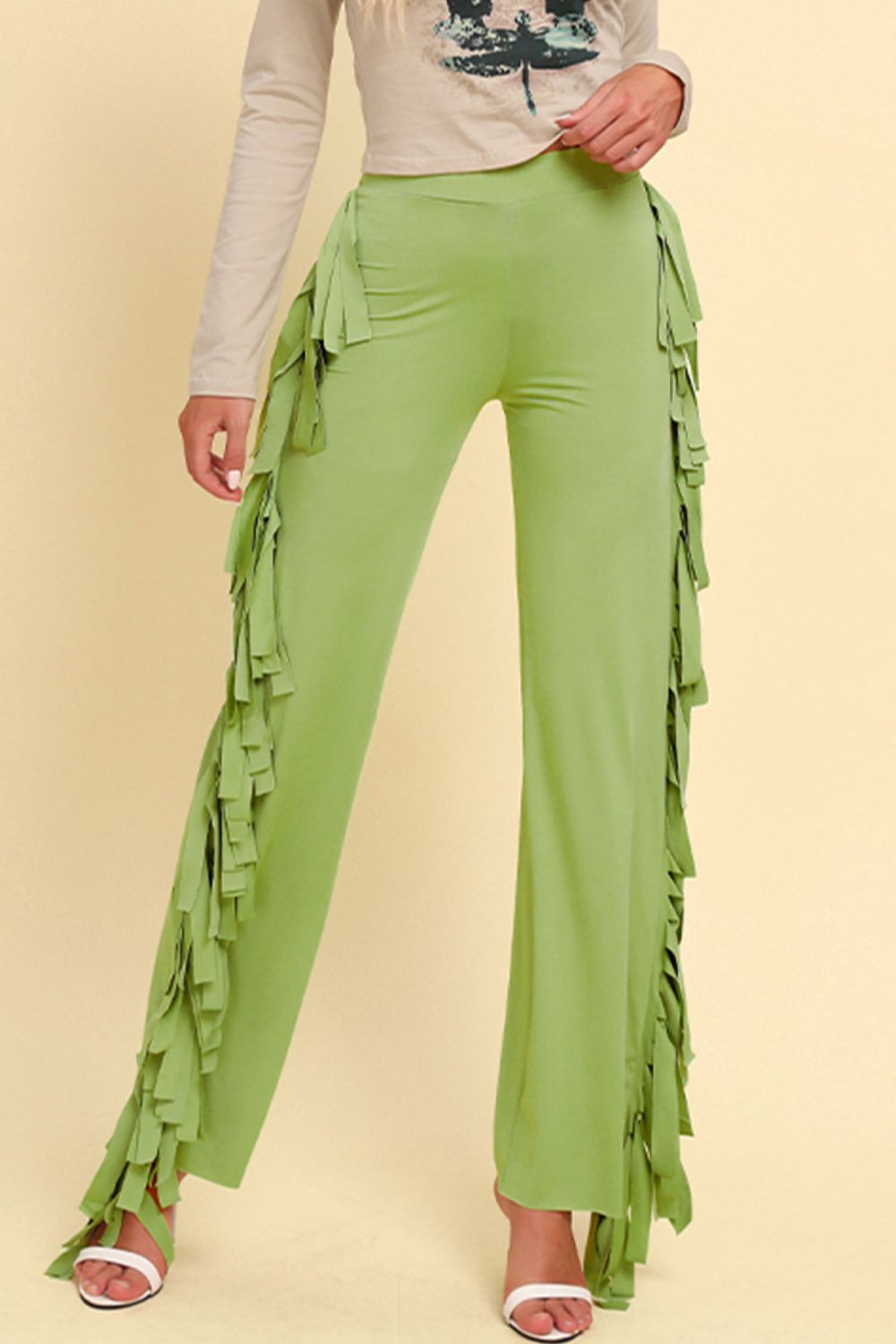 Stylish Fringe Trimmed Wide Leg Long Pants