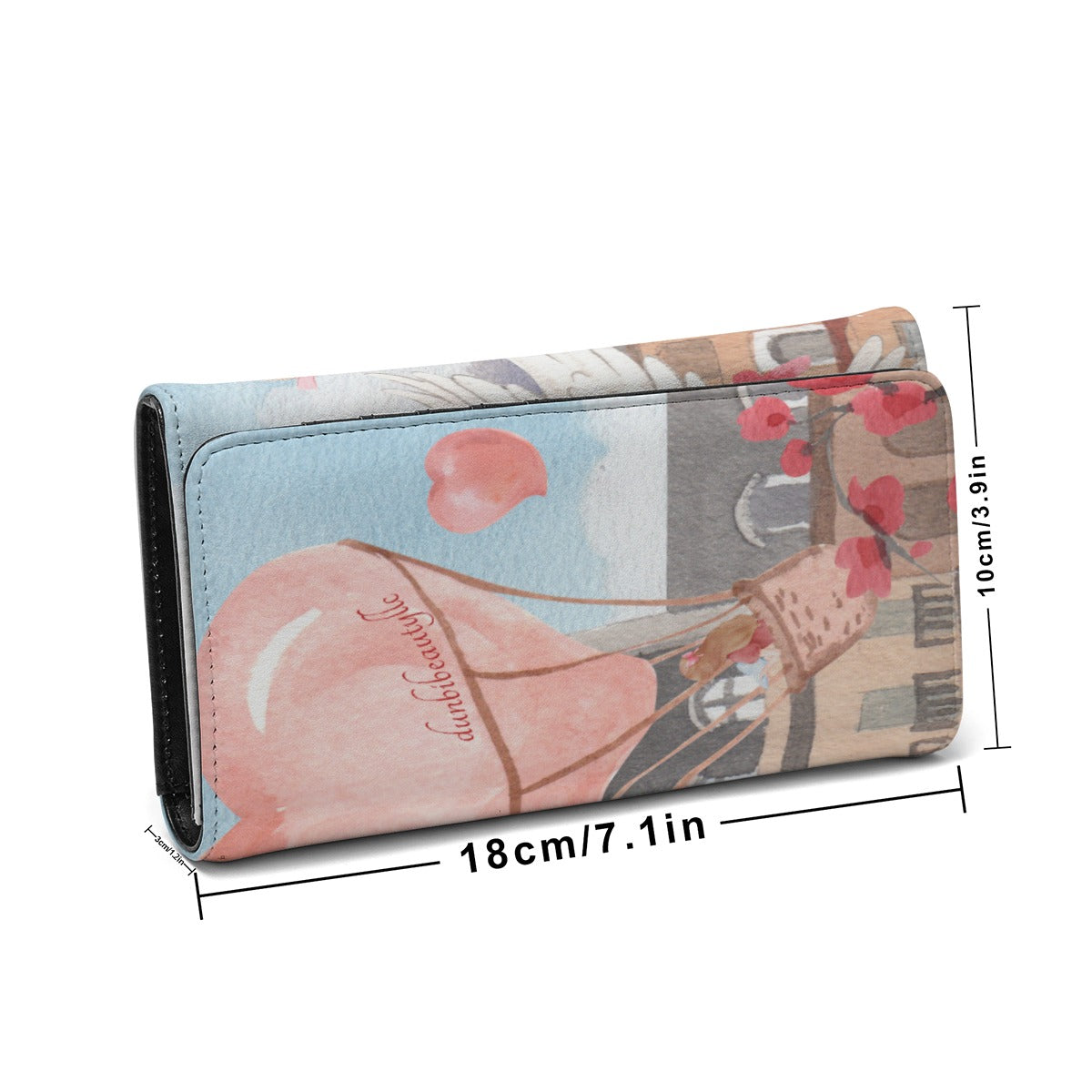 Dunbi Designed Foldable PU Wallet Featuring a Romantic Scene of Love in a Hot Air Balloon over Paris with Eiffel Tower, Dove, Flowers, Girl, Sky and Hearts