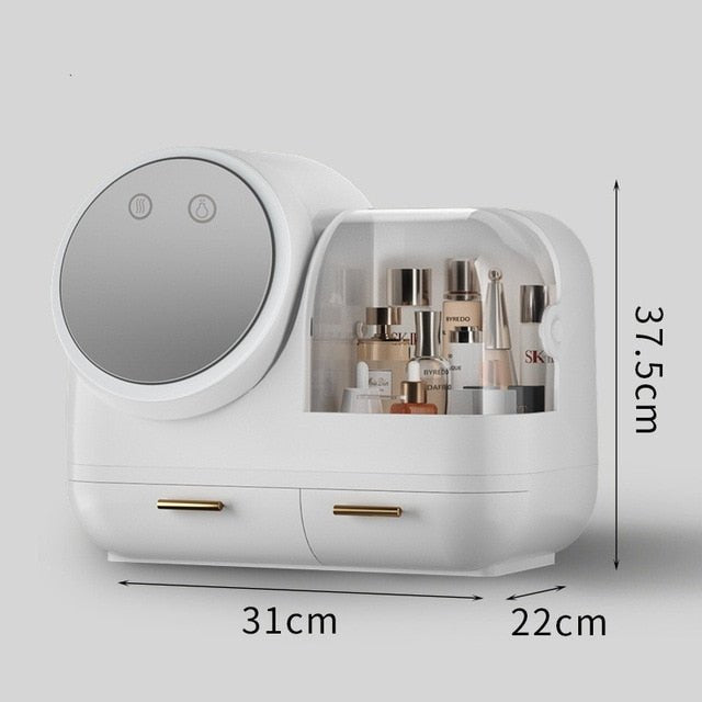 High-End Quality Makeup Storage Case with LED Lighting and Fan - A Modern Desktop Make Up Organizer Drawer for Skincare, Lipstick, and Cosmetics Beauty Box