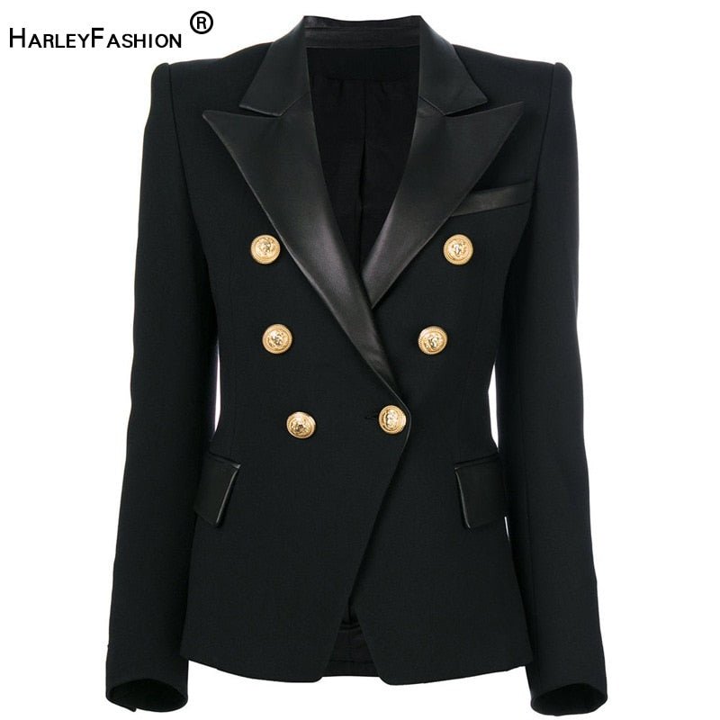 HarleyFashion Women's Office-Style Blazer with PU Leather Collar