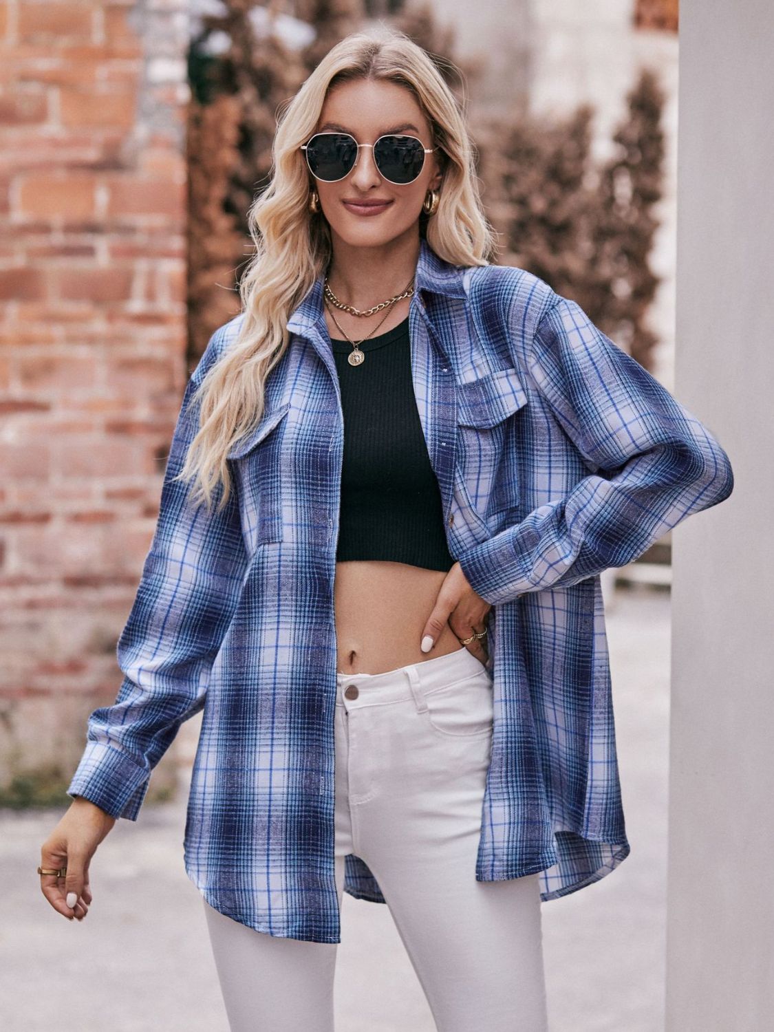 Oversized Plaid Longline Shirt with Dropped Shoulders