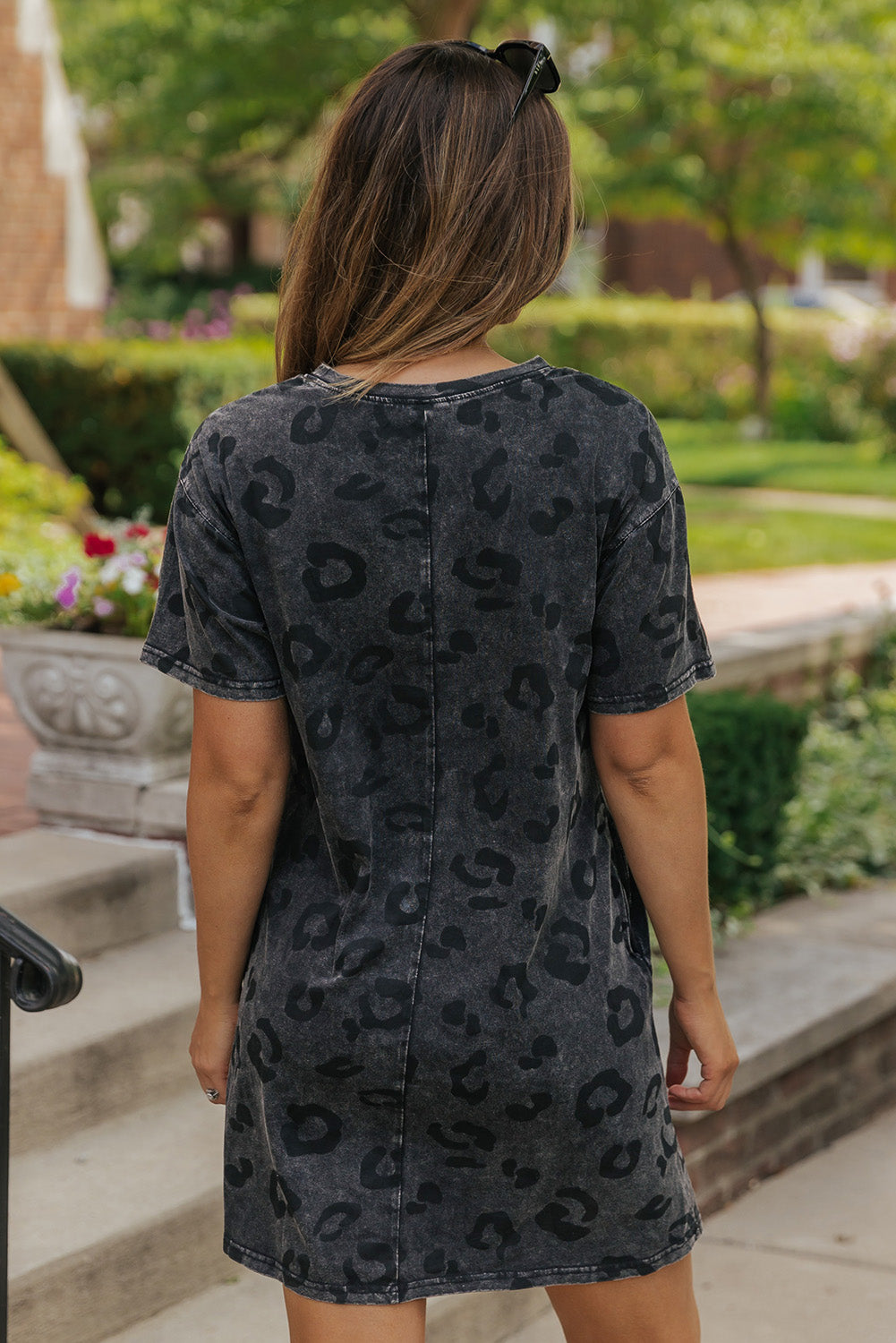 Vintage Gray Washed Leopard Print T-Shirt Dress with Handy Side Pockets