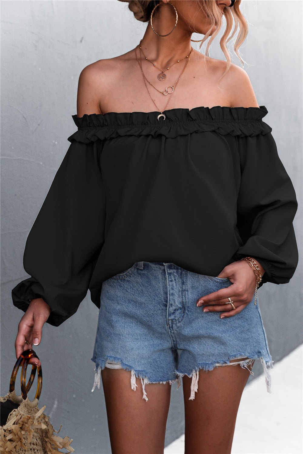 Fashionable Women's Frill Trimmed Off-Shoulder Balloon Sleeve Blouse Top