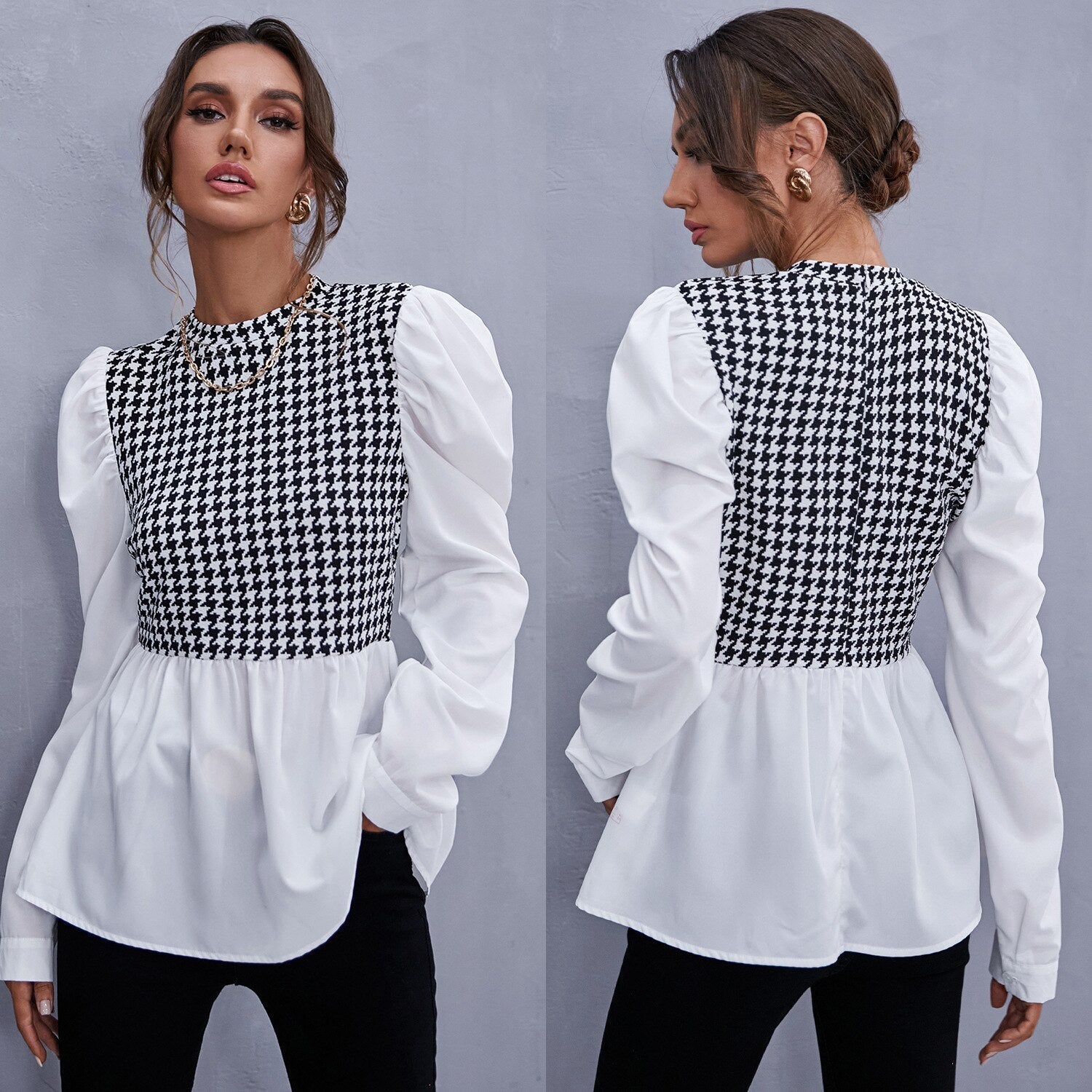 Stylish Vintage Plaid O-Neck Blouse with Ruffled Detailing and Puff Sleeves