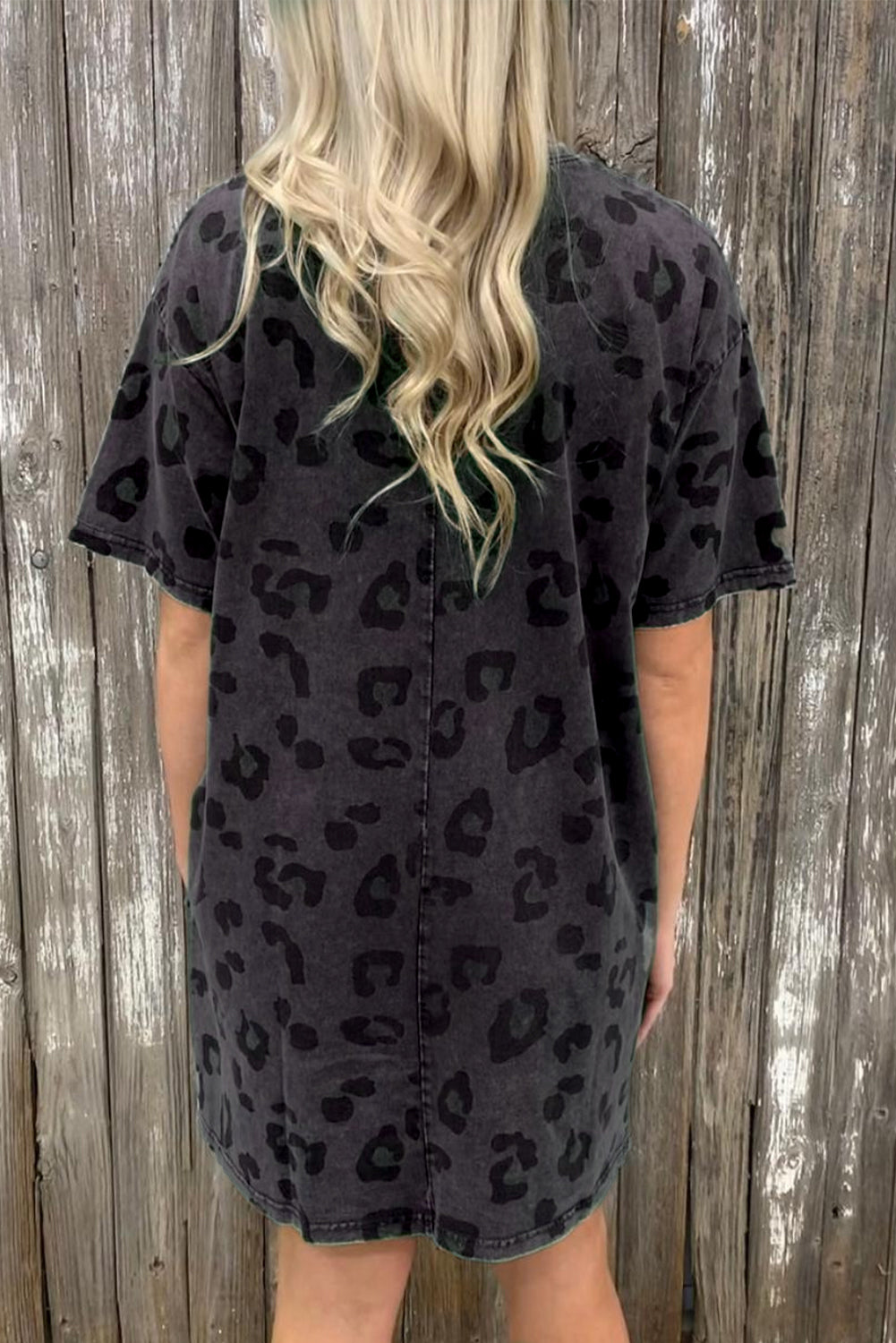 Vintage Gray Washed Leopard Print T-Shirt Dress with Handy Side Pockets