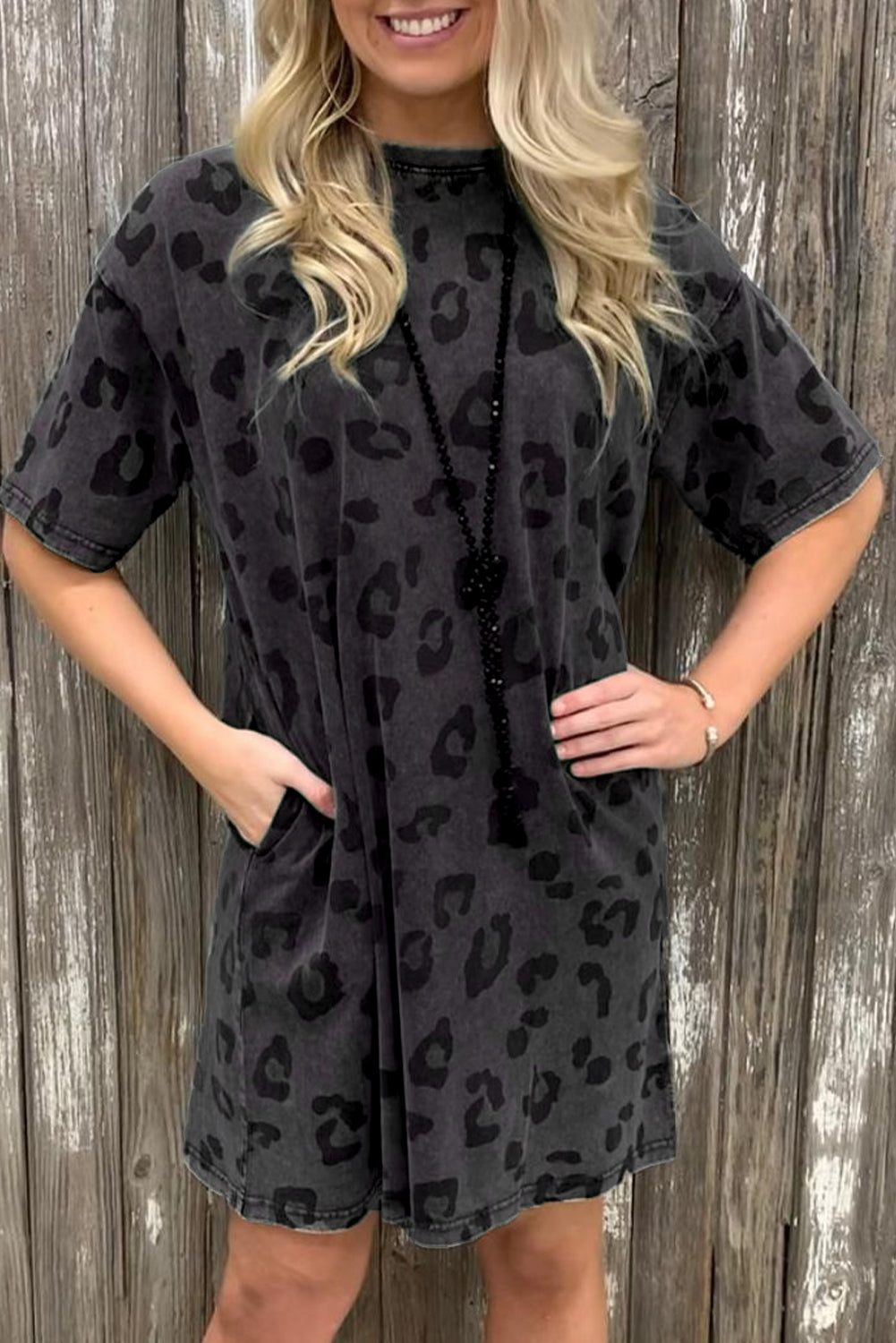 Vintage Gray Washed Leopard Print T-Shirt Dress with Handy Side Pockets