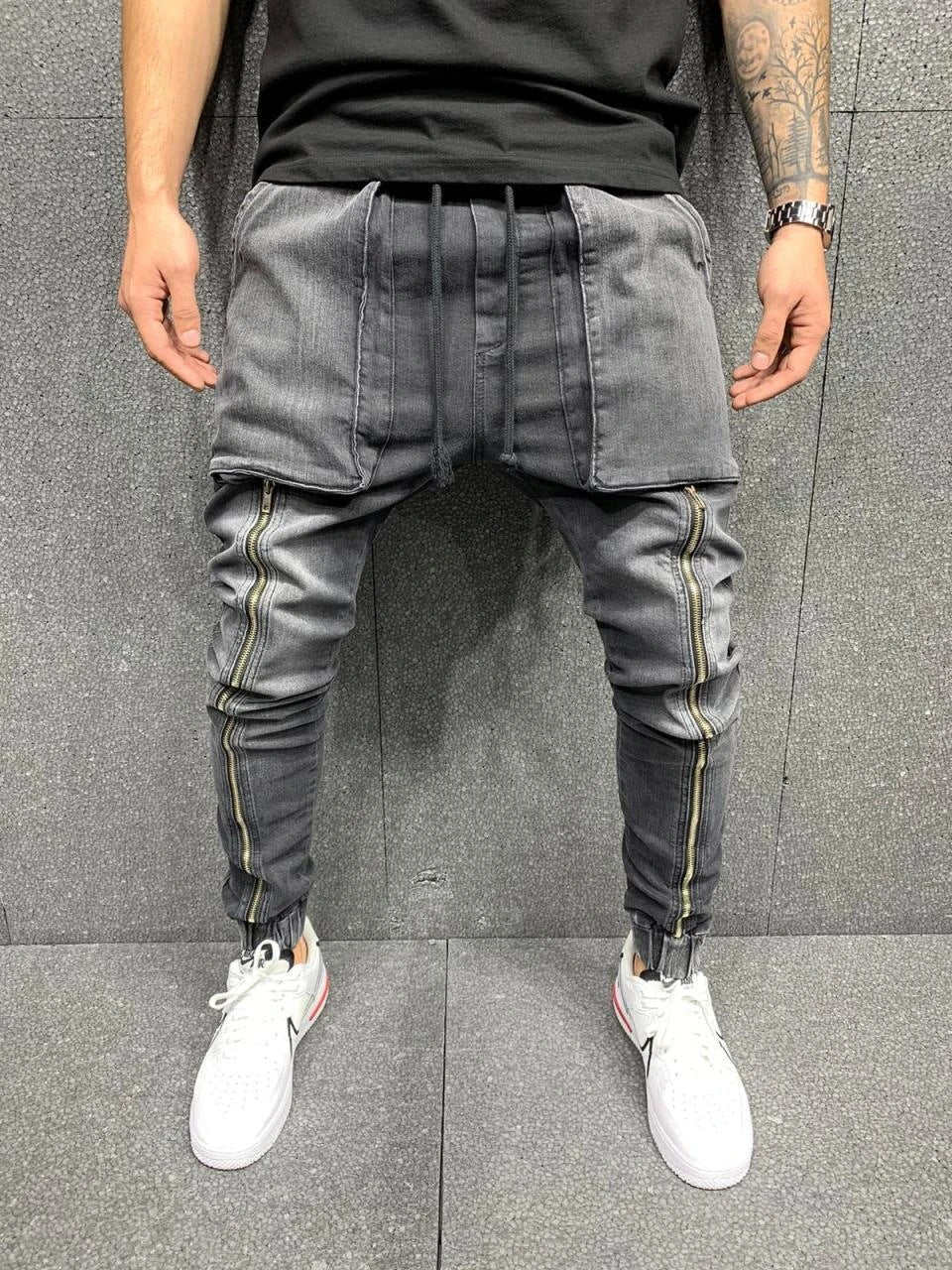 Stylish Hip - Hop Inspired Solid - Colored Cotton - Blended Washed Tapered Jeans Pants