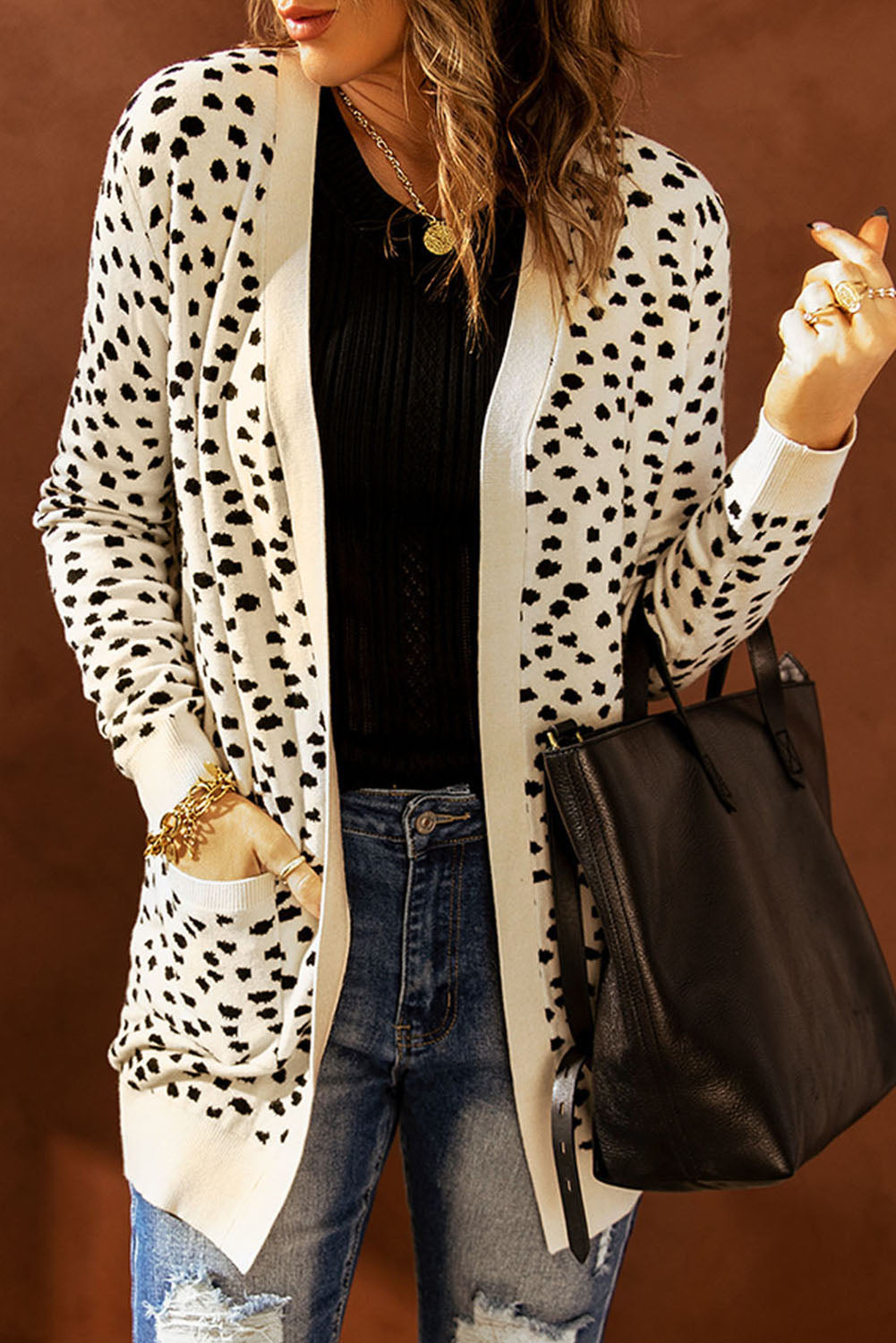 Full Size Fashionable Printed Long Sleeve Cardigan with Functional Pocket