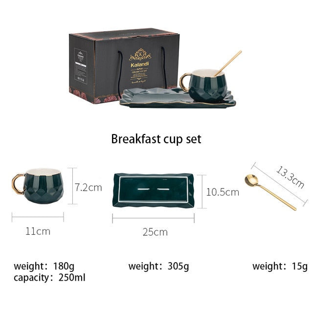 MDZF SWEET HOME European-Style Handpainted Green Ceramic Coffee Cup Set with Mat, Lid, Spoon - Ideal Milk Cup and Breakfast Tableware Set, Perfect for Couple Mugs and Birthday Gift Boxes
