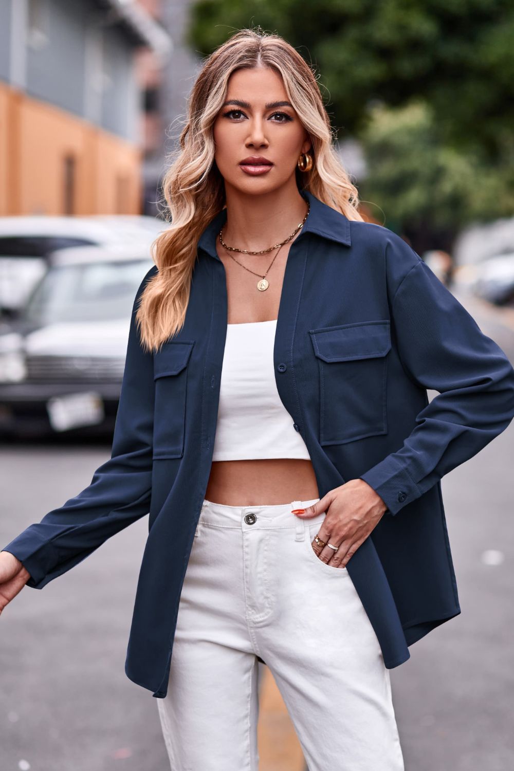 Casual Longline Dropped Shoulder Shirt with Functional Pockets