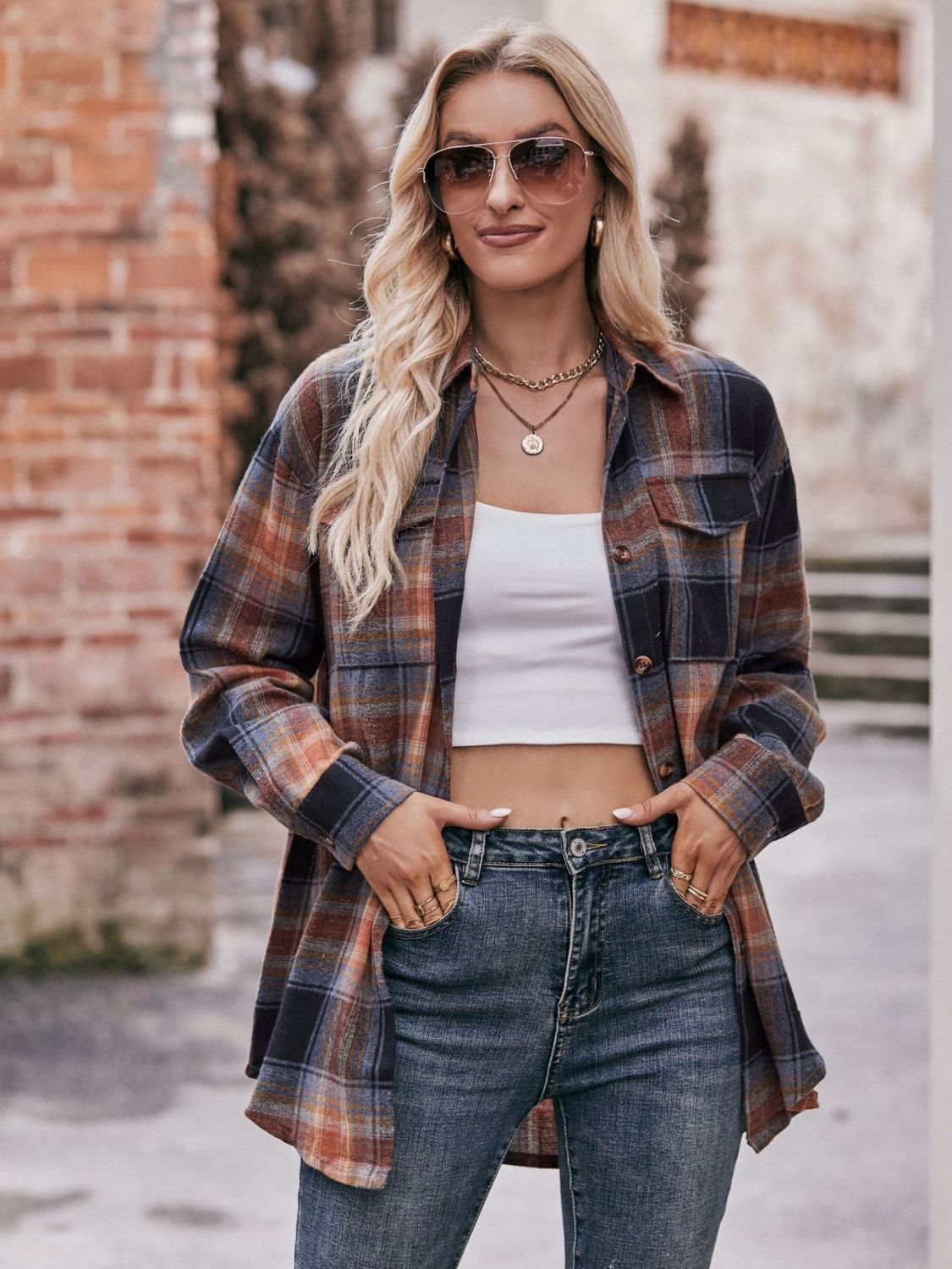Oversized Plaid Longline Shirt with Dropped Shoulders