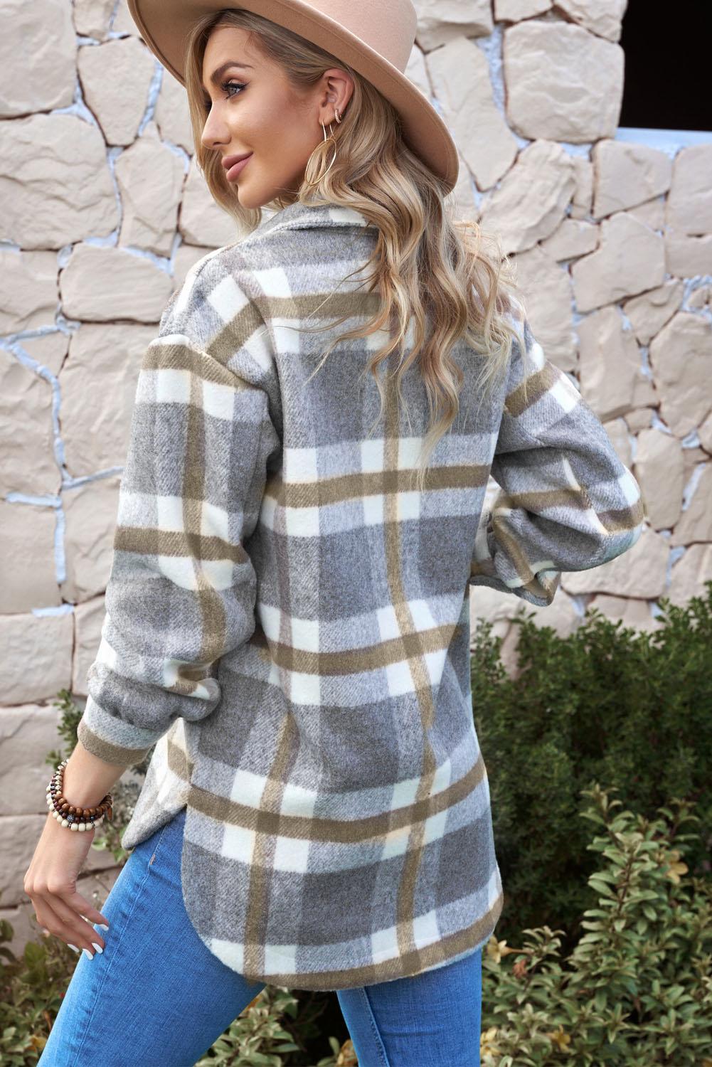 Casual Plaid Dropped Shoulder Pocket Buttoned Shacket for Everyday Wear