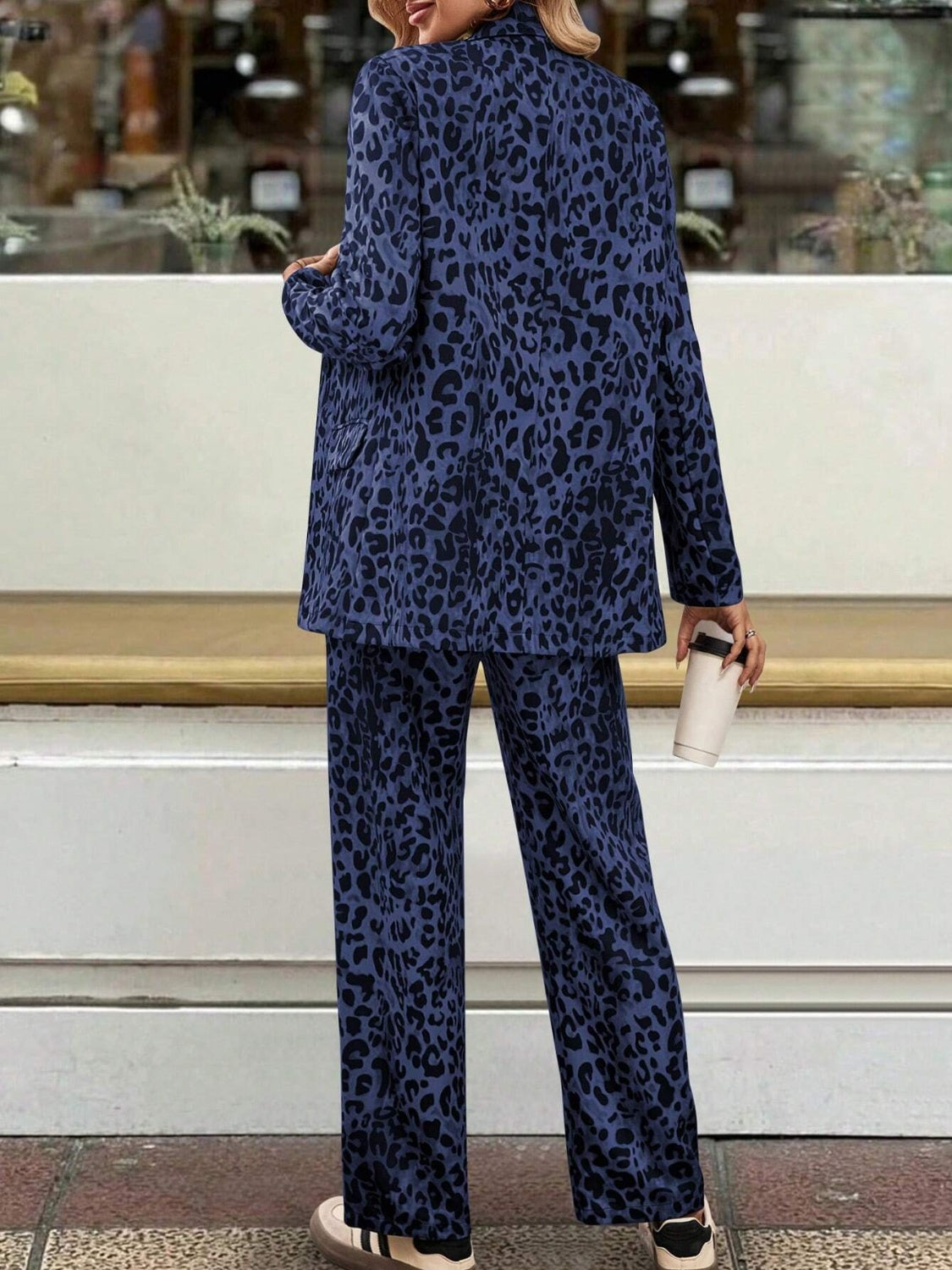 Full-Size Leopard Print Long Sleeve Lapel Collar Blazer and Pants Two-Piece Set