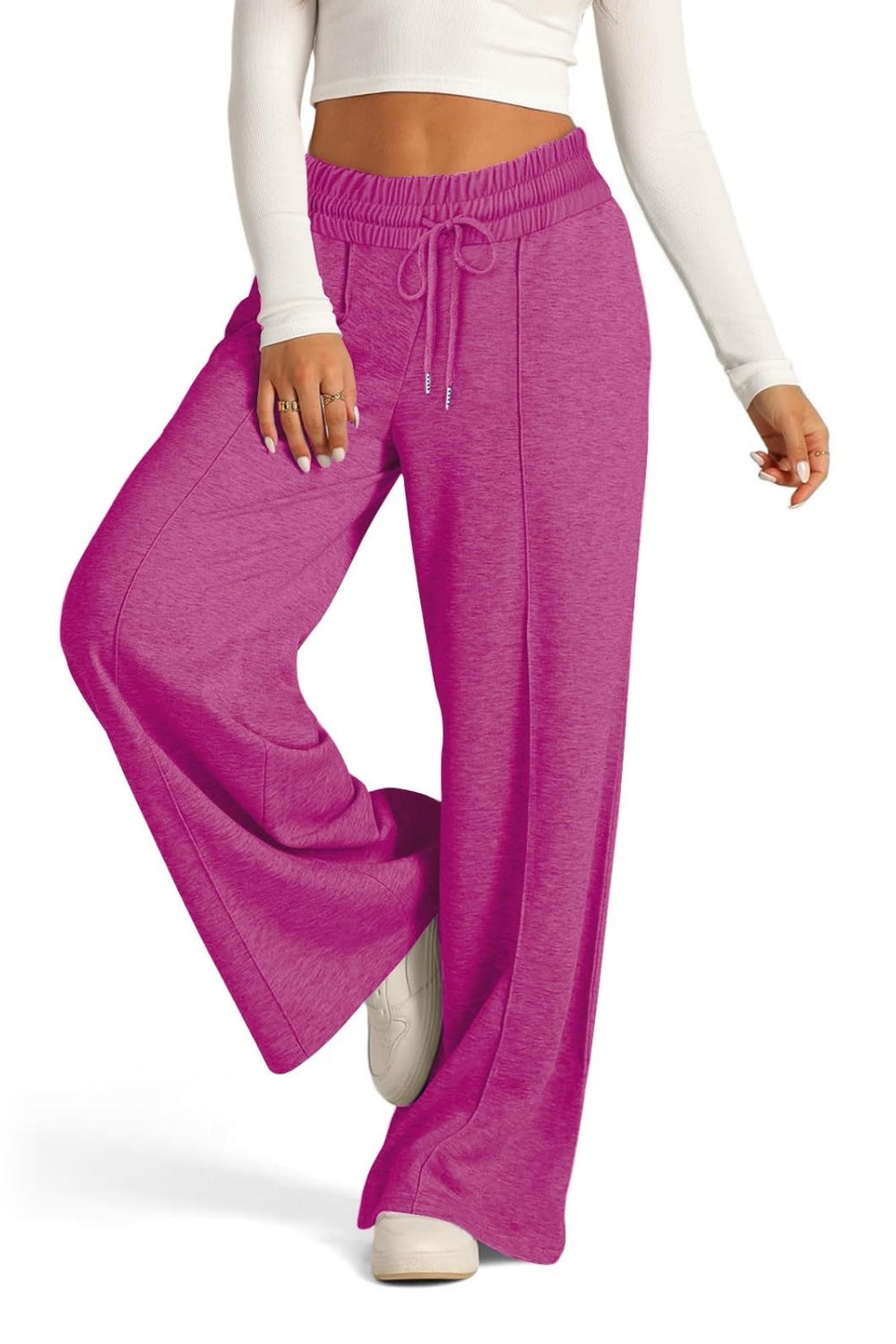 Fashionable Drawstring Elastic Waist Wide Leg Polyester Pants for Comfortable Wear