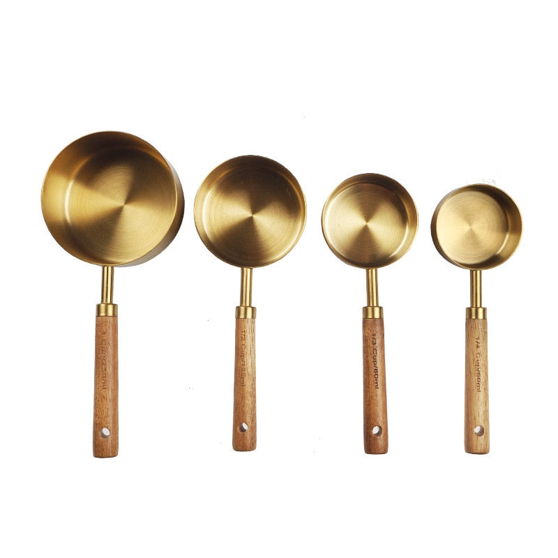 Eco-Friendly Wooden Handle Stainless Steel Measuring Spoon Set for Kitchen, Baking & Bartending