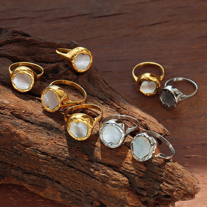 Stylish Geometrically Designed Gold-Plated Fashionable Women's Round Ring with Inlaid White Sea Shell