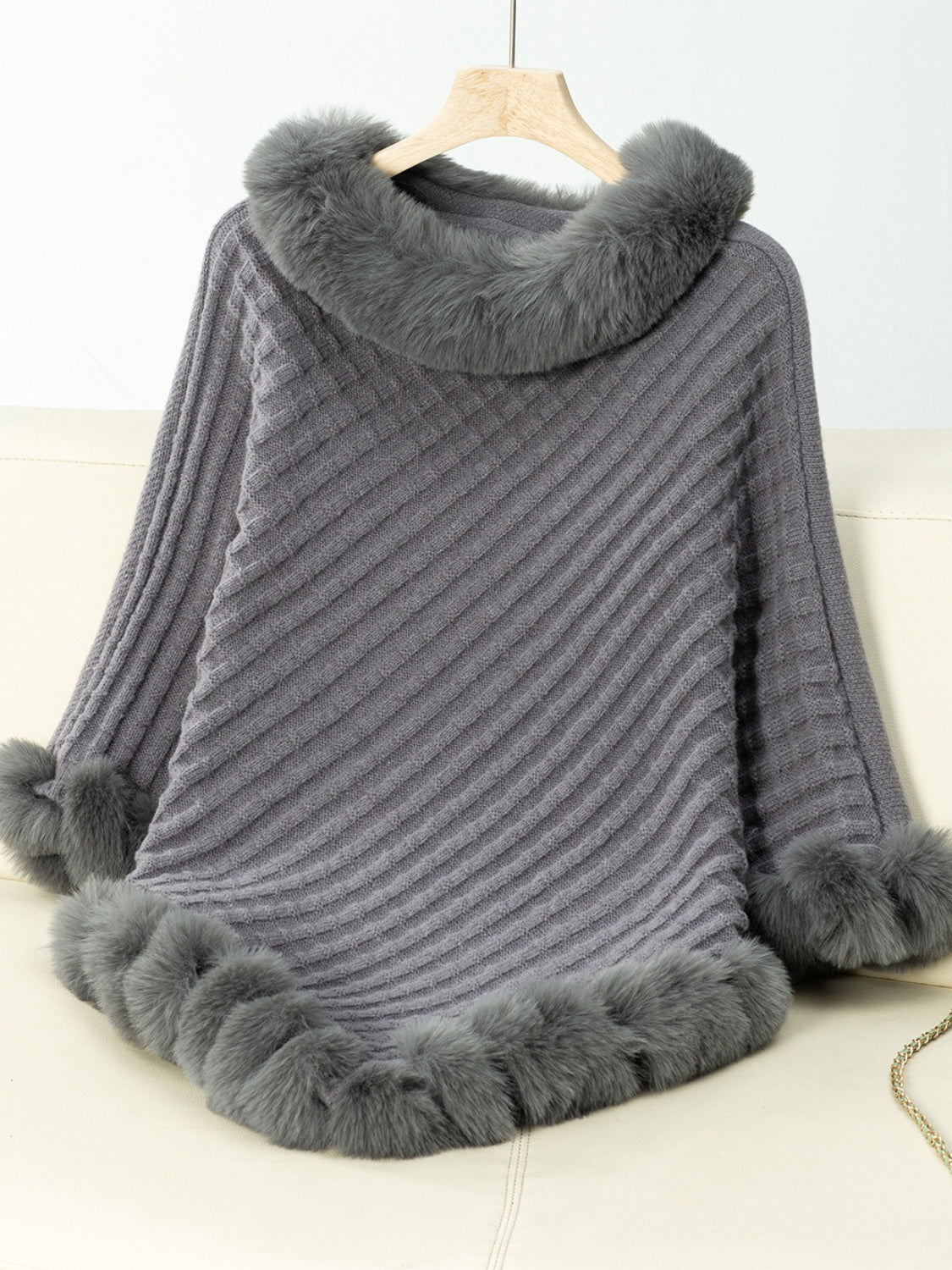 Fashionable Three-Quarter Sleeve Poncho with Fuzzy Trim Texture