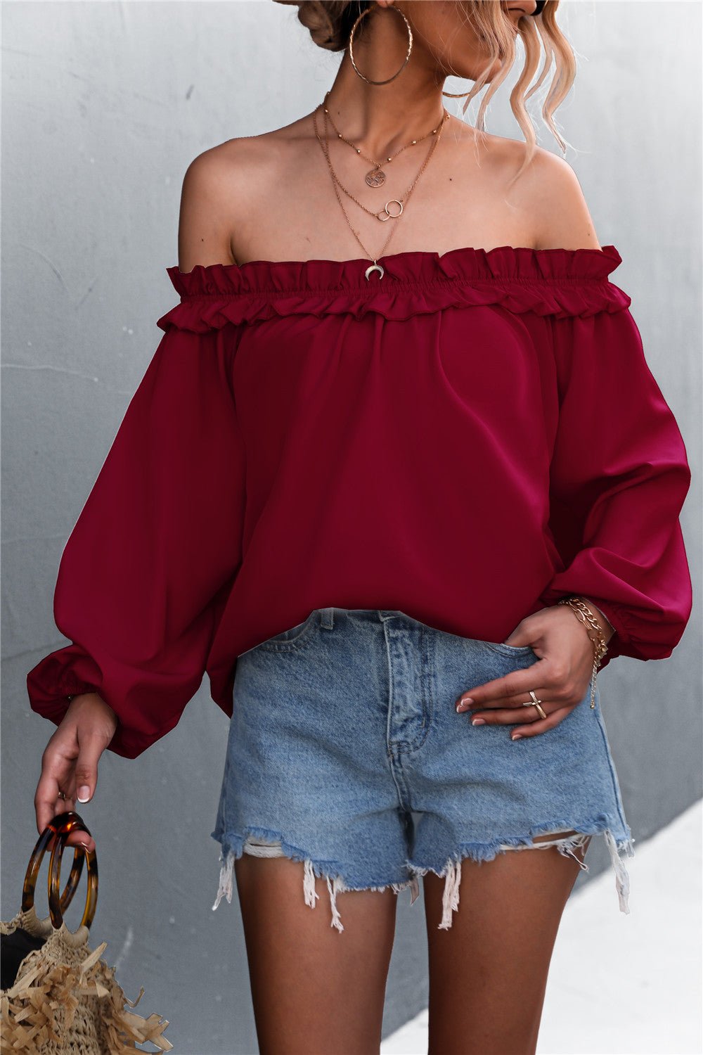 Fashionable Women's Frill Trimmed Off-Shoulder Balloon Sleeve Blouse Top