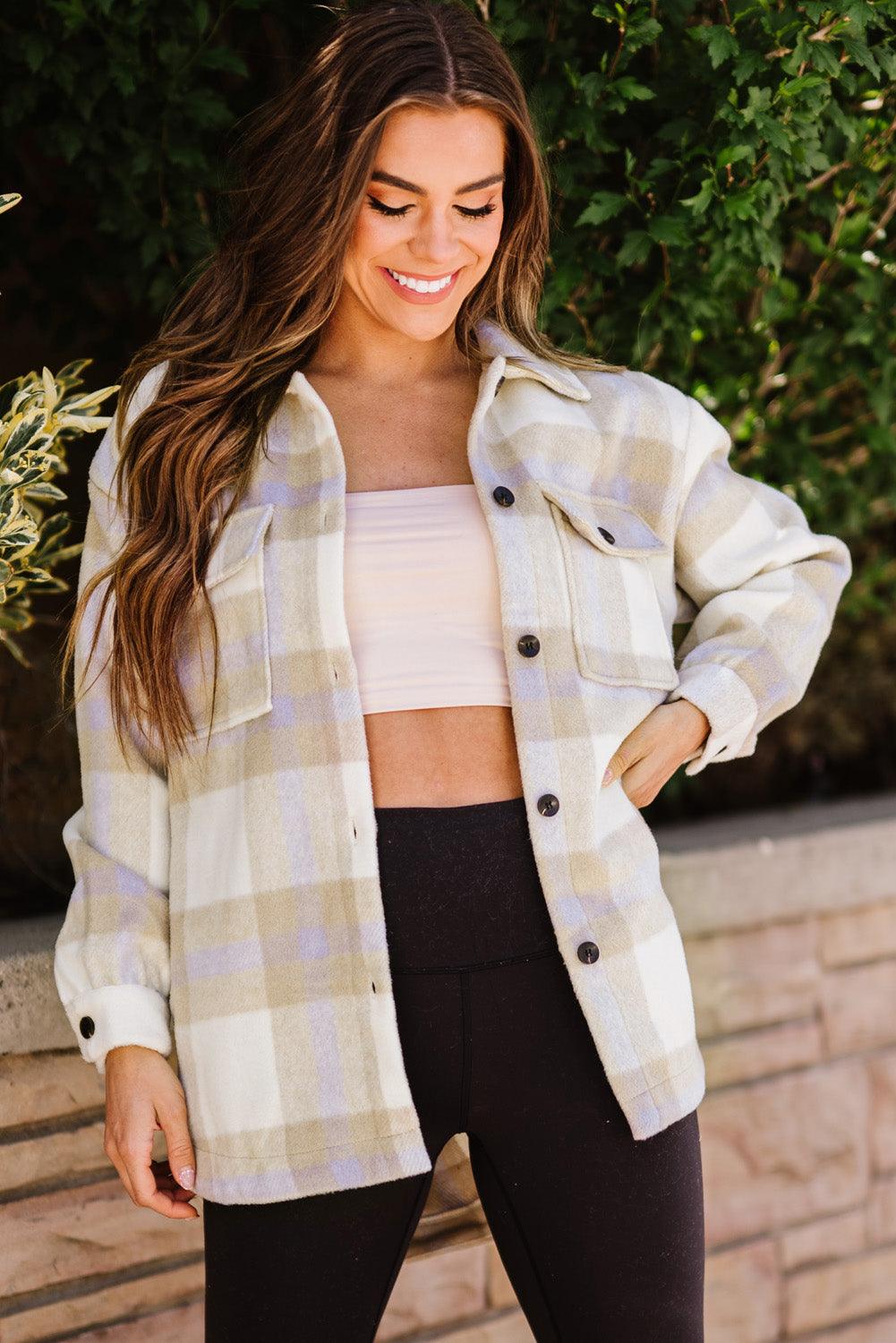 Casual Plaid Dropped Shoulder Pocket Buttoned Shacket for Everyday Wear